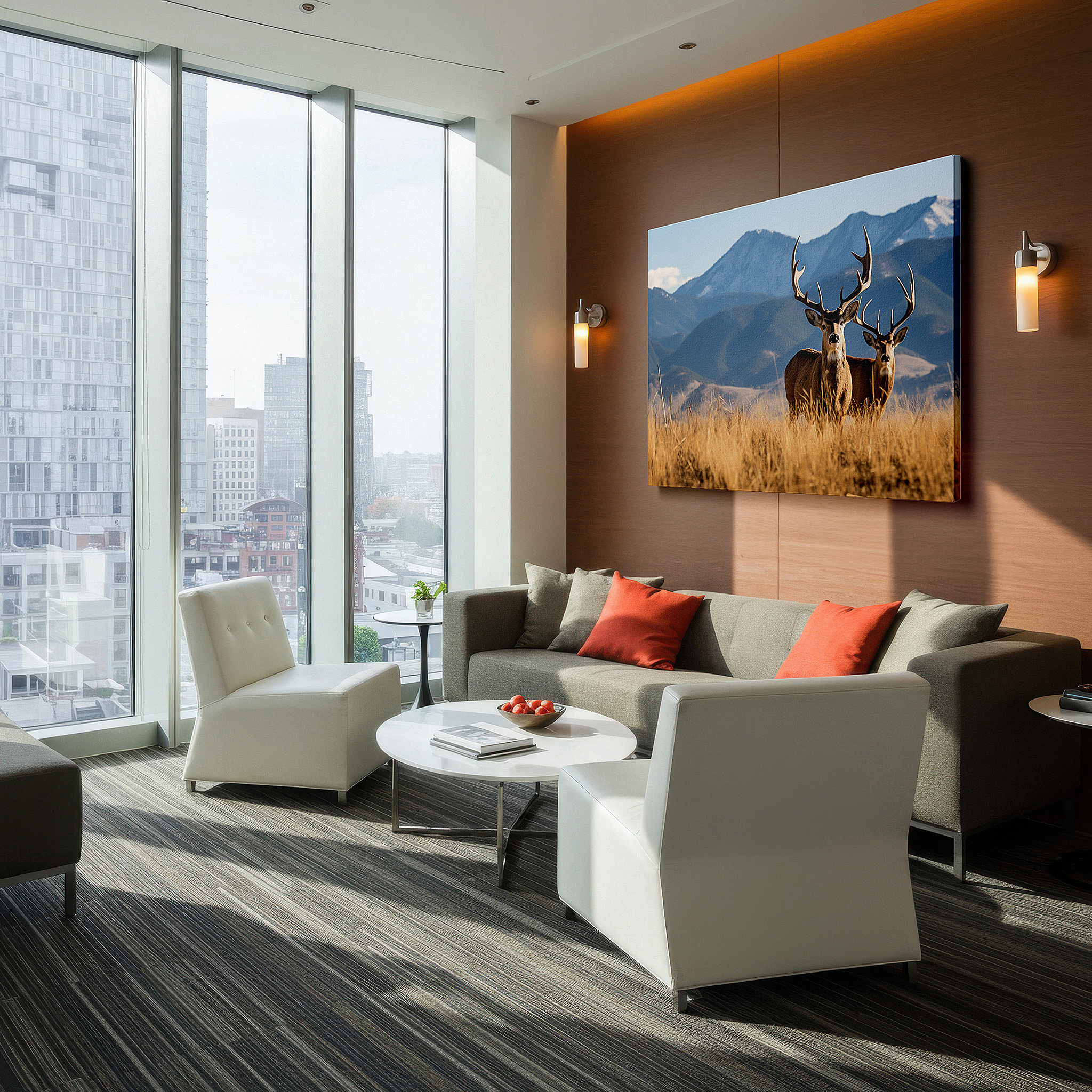 Lighting brings out layered depth in the print’s surface grain — majestic deer in a golden meadow with snow-capped mountains large canvas wall art for office and bedroom decor