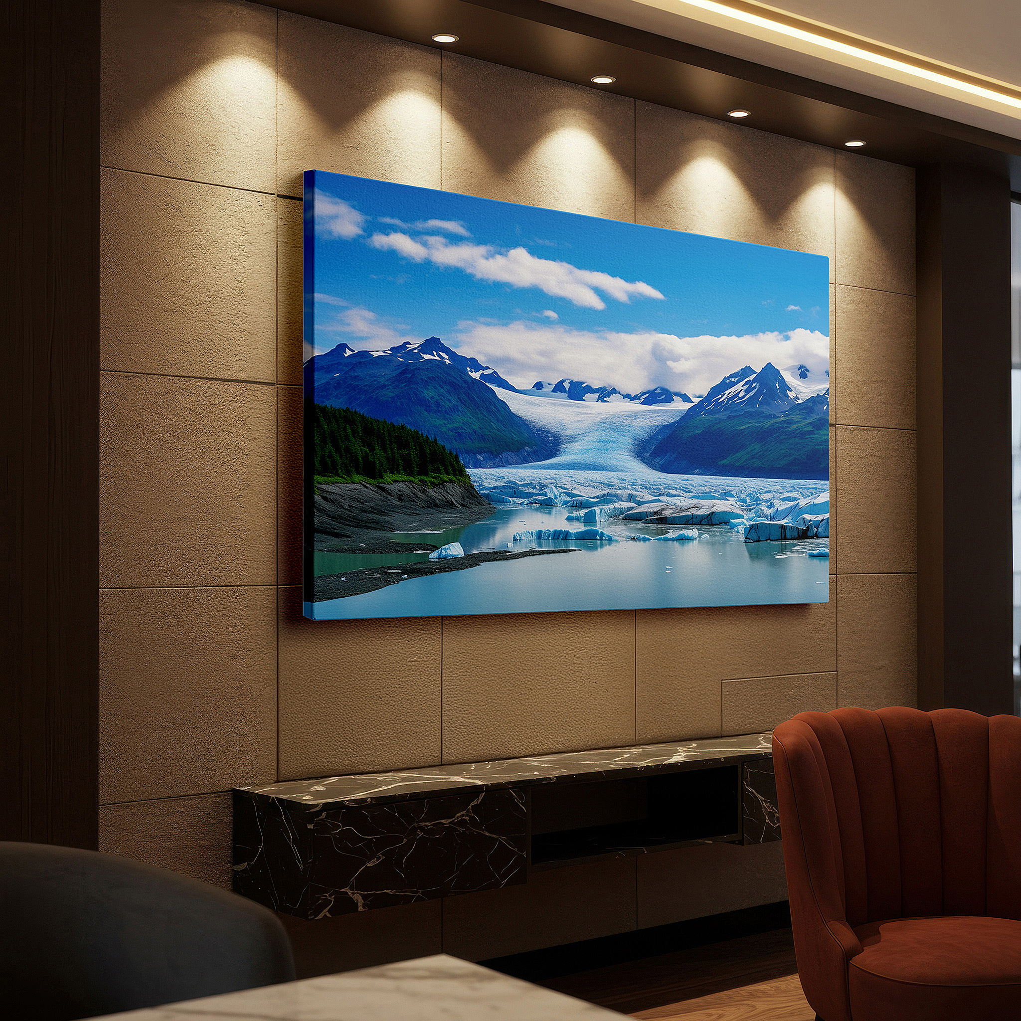 Lighting brings out layered depth in the print’s surface grain — majestic mountains and sparkling glacier with serene lake reflections: large canvas wall art for office and bedroom decor