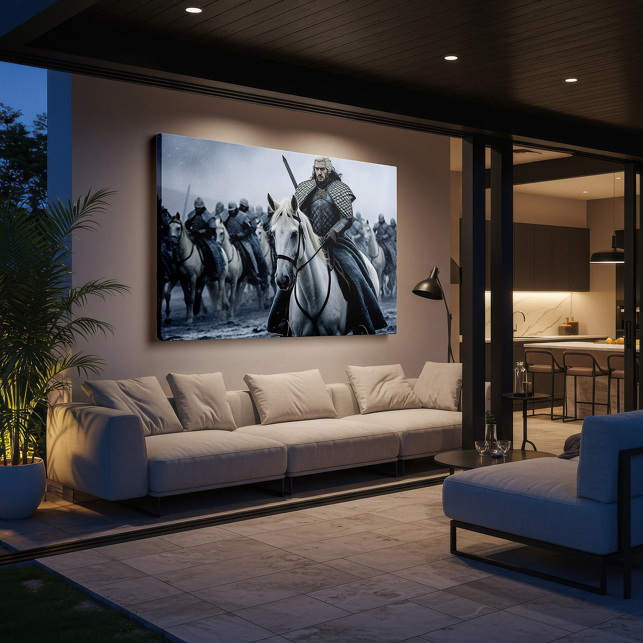Lighting brings out layered depth in the print’s surface grain — medieval knight and faithful troops in a wintry scene large canvas wall art, office and bedroom decor