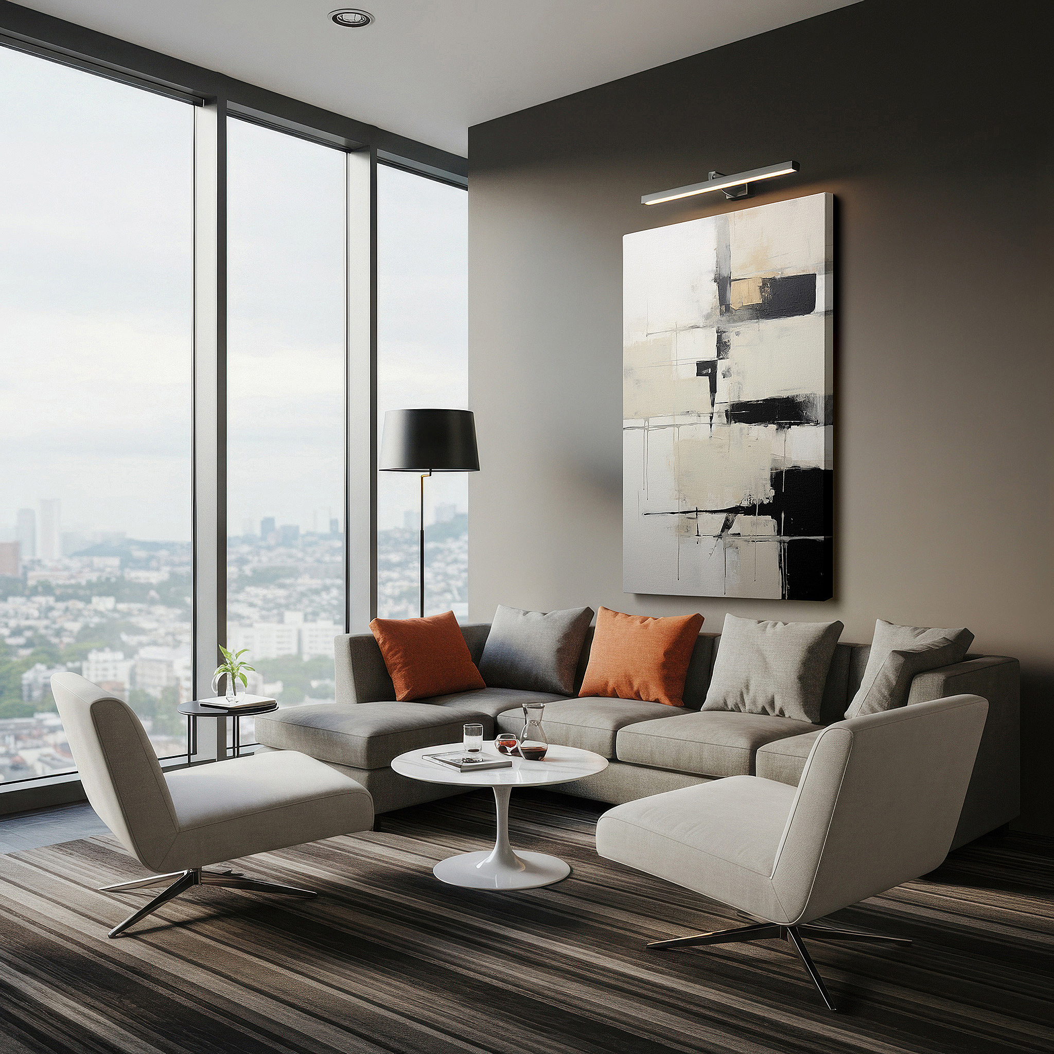 Lighting brings out layered depth in the print’s surface grain — modern black and white sophistication featuring striking geometric designs and opulent gold details, large wall art, canvas wall art, wall decor, office