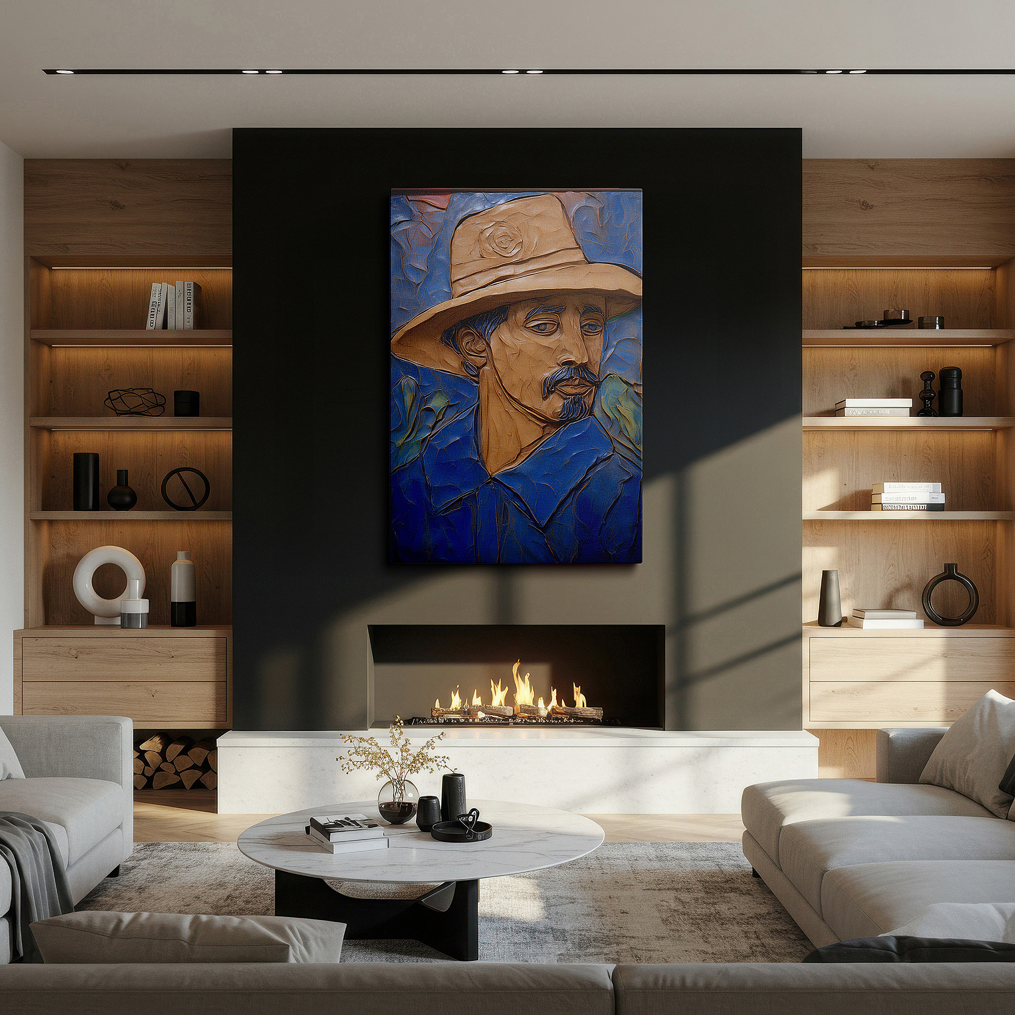 Lighting brings out layered depth in the print’s surface grain — the mysterious gentleman in a broad-brimmed hat: exploring textural contrasts and emotional depths - large wall art, canvas wall art, wall decor for office
