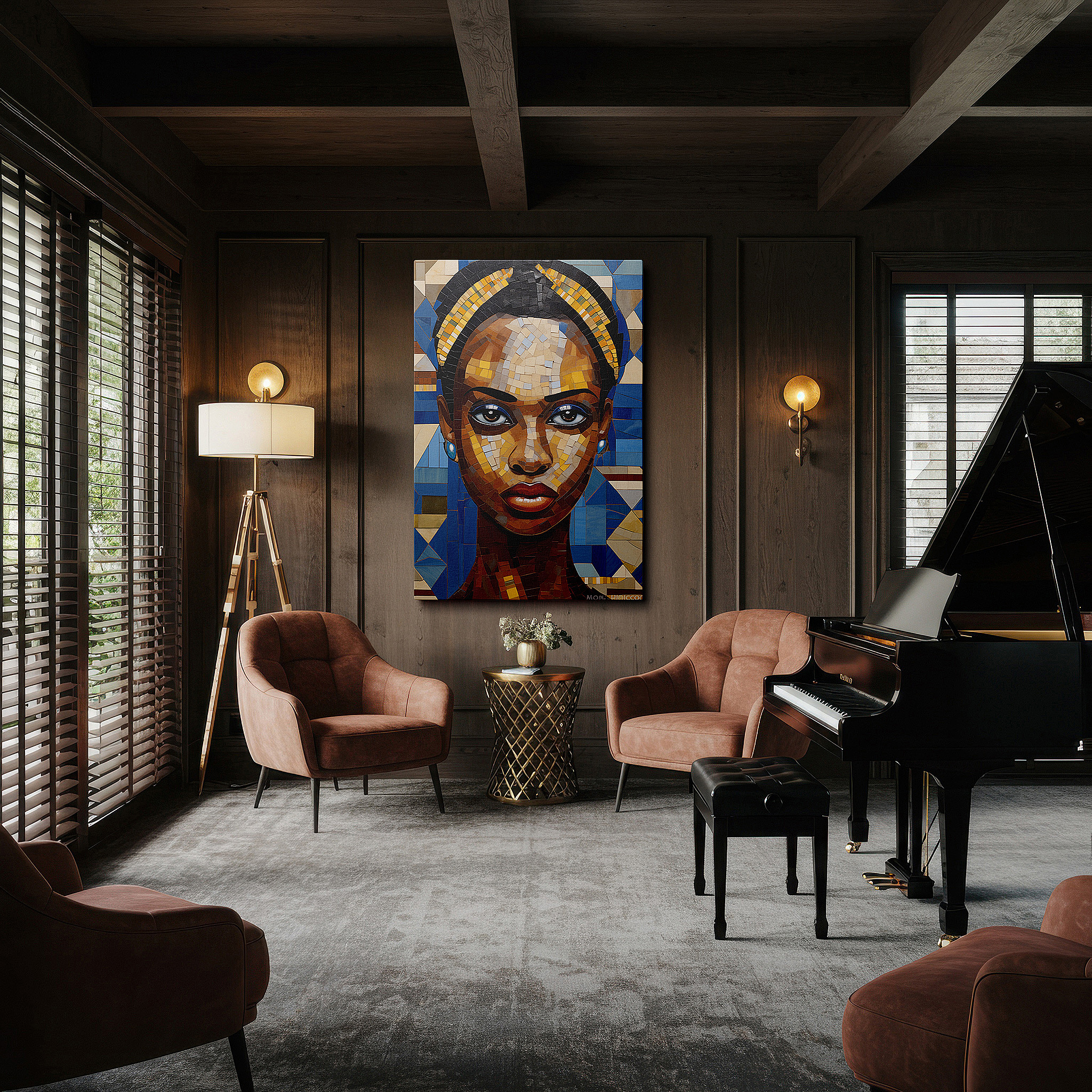 Lighting brings out layered depth in the print’s surface grain — mysterious glance of a mosaic muse: a tapestry of cultural sophistication and eternal charm - large wall art, canvas wall art, wall decor, office wall art