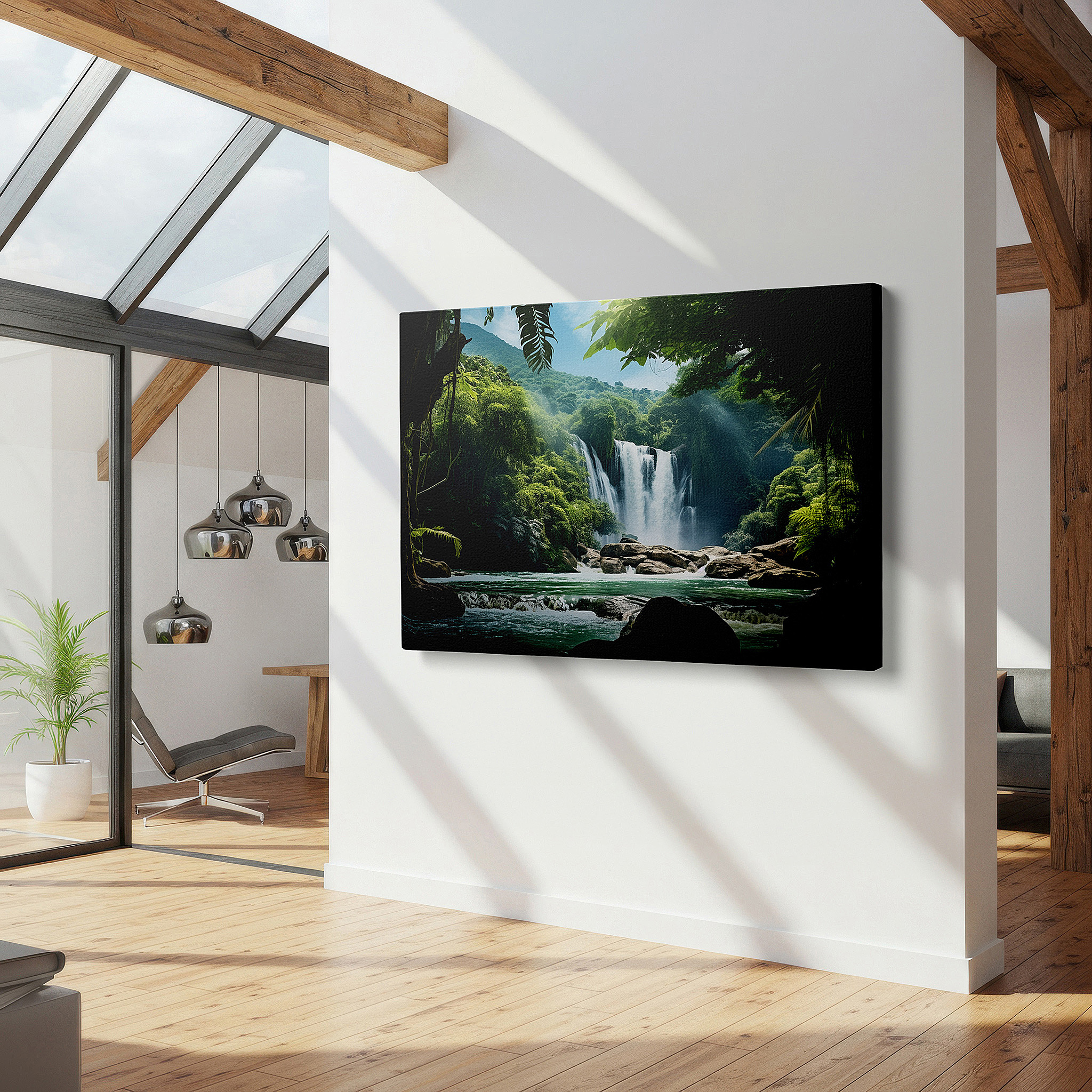 Lighting brings out layered depth in the print’s surface grain — mystical jungle and majestic waterfall large canvas wall art for office, bedroom, and living room decor