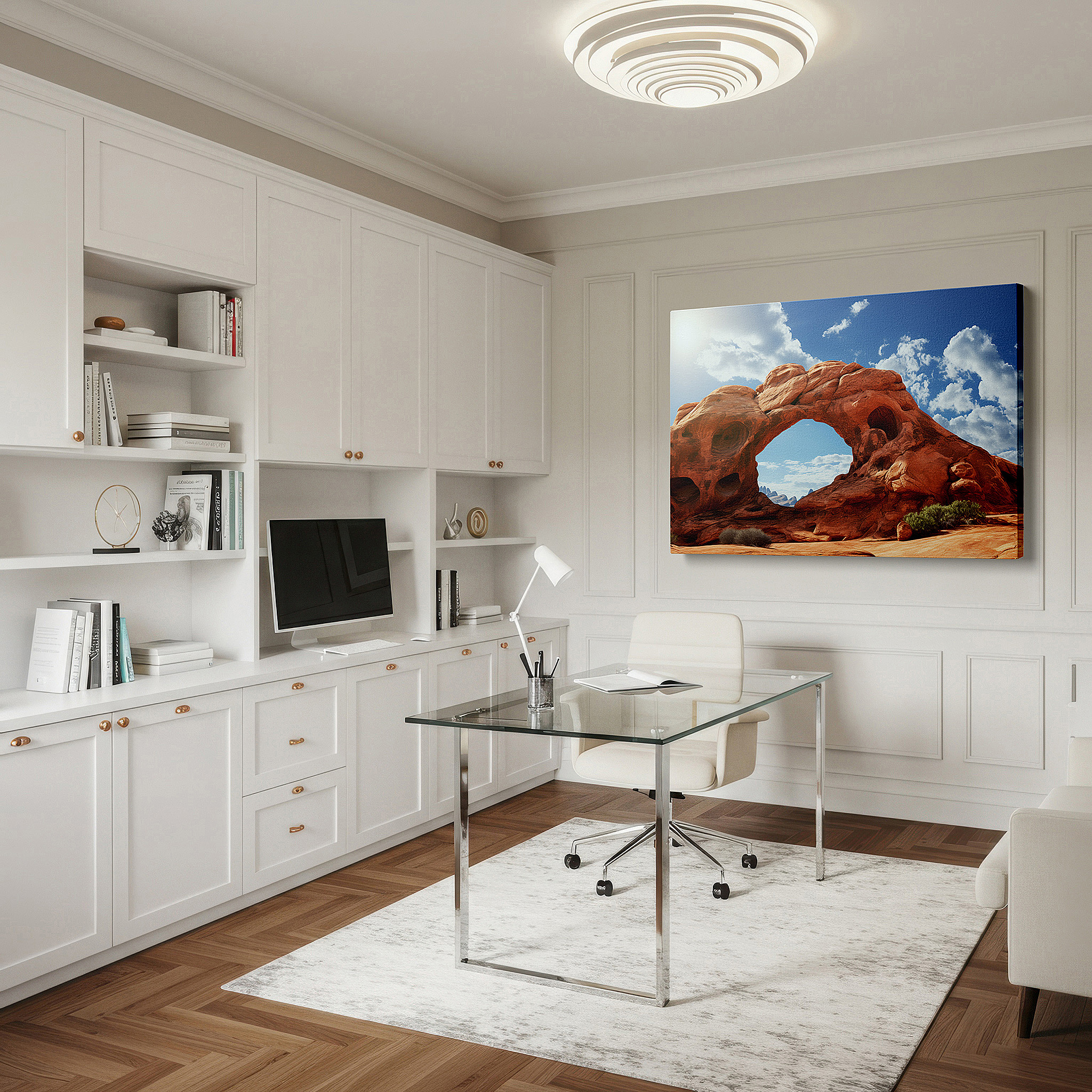 Lighting brings out layered depth in the print’s surface grain — red rock arch majestically framed by a bright blue sky: a tribute to the transformative power of nature - large wall art, canvas wall art, wall decor for office