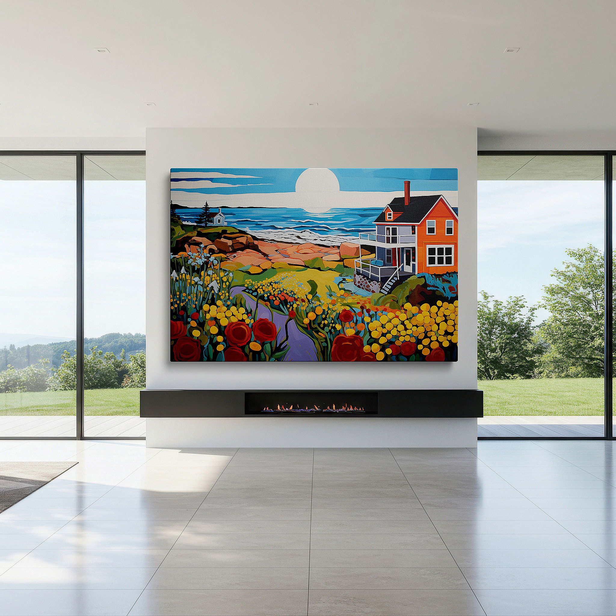 Lighting brings out layered depth in the print’s surface grain — serene beach house scene: tranquil coastal elegance and nature's vibrant beauty in large canvas wall art for home and office decor