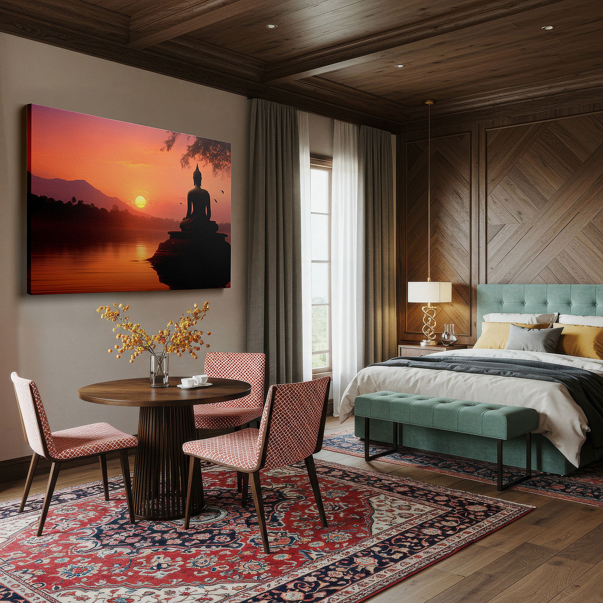 Lighting brings out layered depth in the print’s surface grain — serene buddha silhouette against sunset large canvas wall art, inspiring peace and spiritual awakening in tranquil settings wall decor