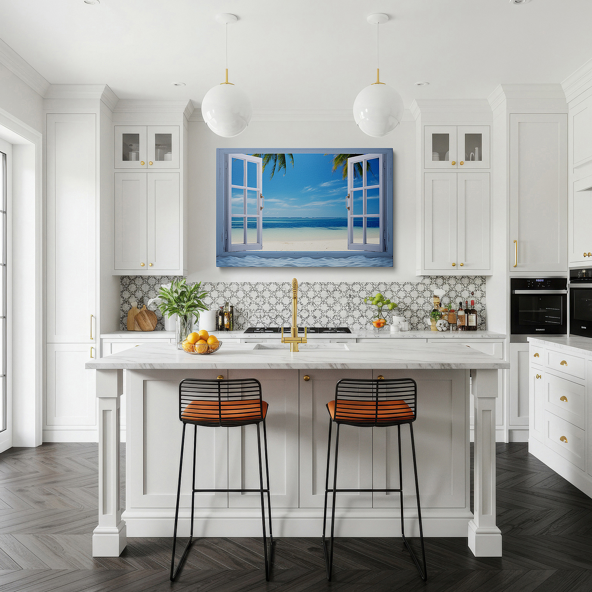 Lighting brings out layered depth in the print’s surface grain — serene coastal getaway via open white windows large wall art, canvas wall art, wall decor, office wall art, bedroom wall art, living room wall art