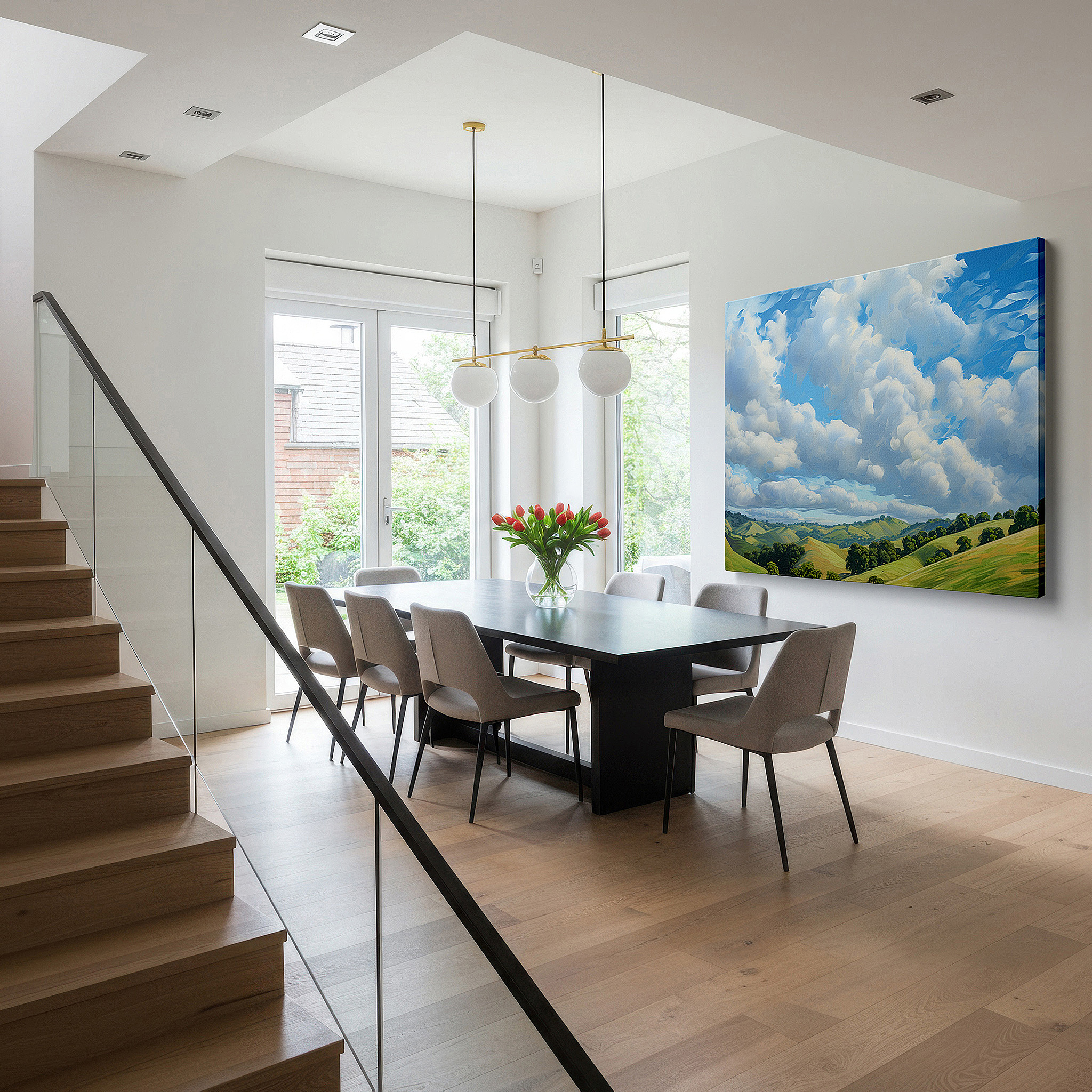 Lighting brings out layered depth in the print’s surface grain — serene countryside landscape: a tranquil escape into nature's beauty - large canvas wall art for office and bedroom decor