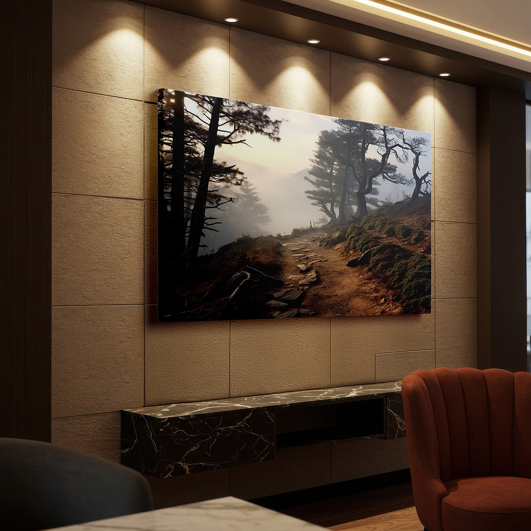 Lighting brings out layered depth in the print’s surface grain — serene dawn forest path: a tranquil journey through mist-shrouded trees - large canvas wall art for office decor