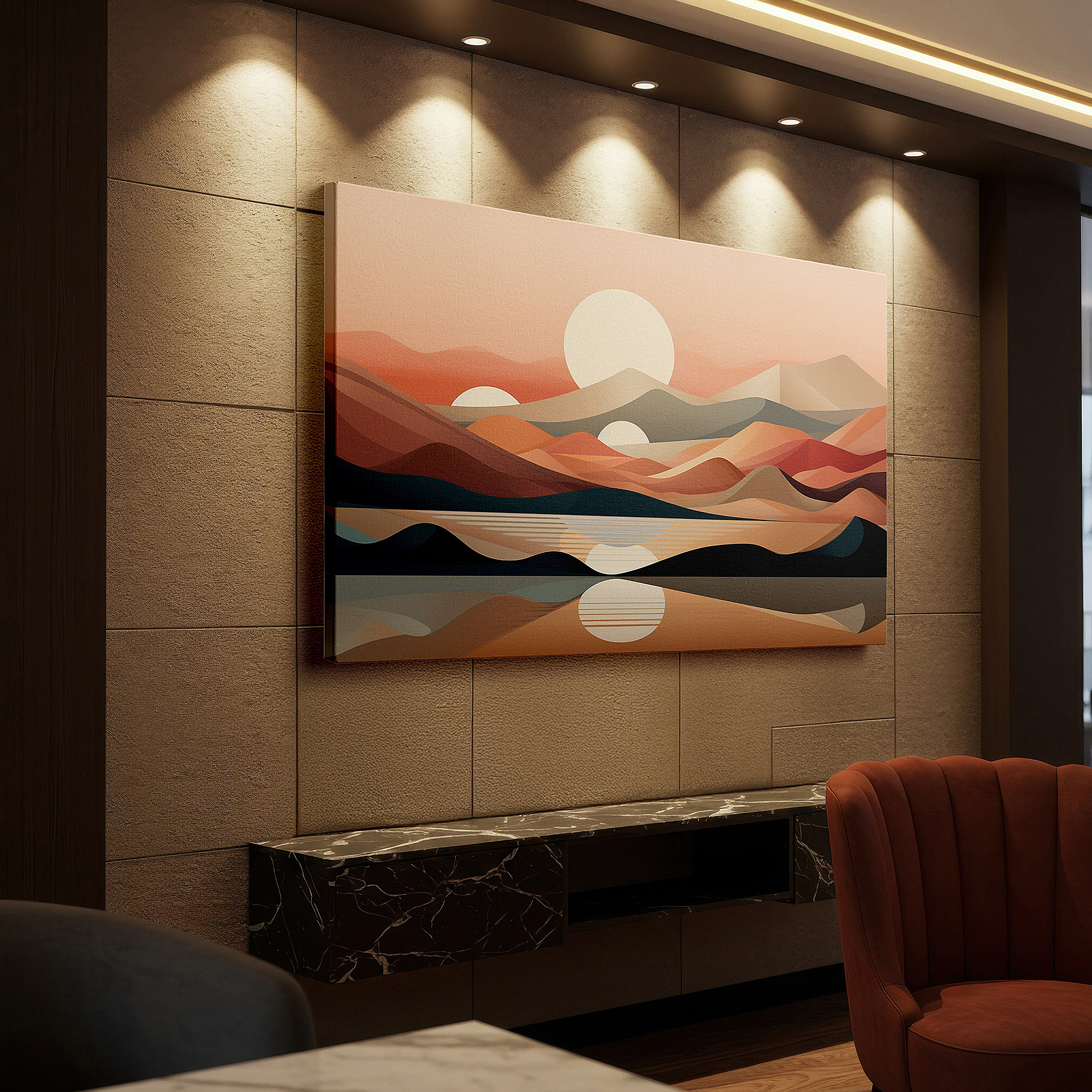Lighting brings out layered depth in the print’s surface grain — serene dawn over tranquil waters - abstract landscape in gentle peach, pink, and blue, large canvas wall art for home and office decor