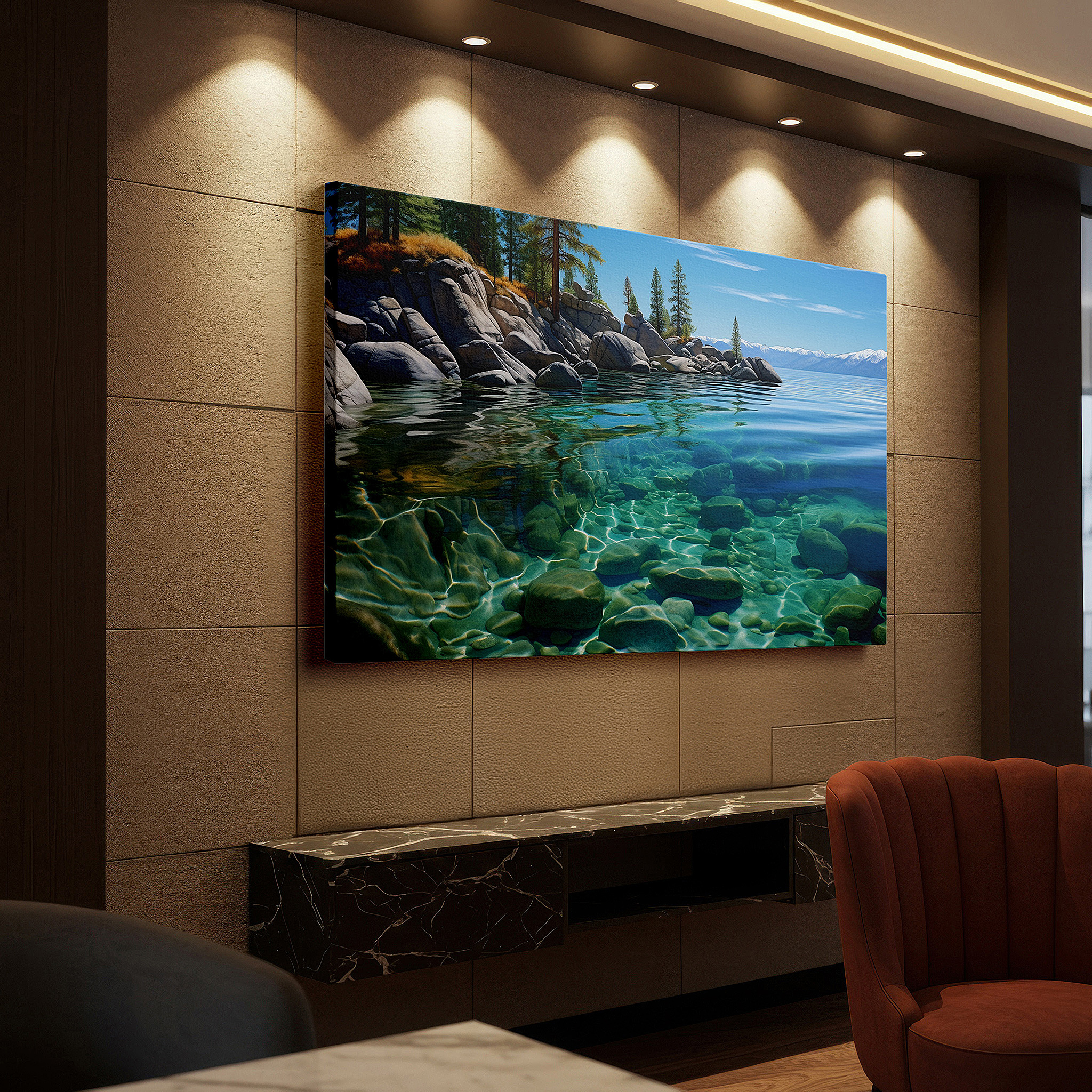 Lighting brings out layered depth in the print’s surface grain — serene lakeside reflections with lush pines and rocky shores under a vibrant summer sky - large canvas wall art for office decor