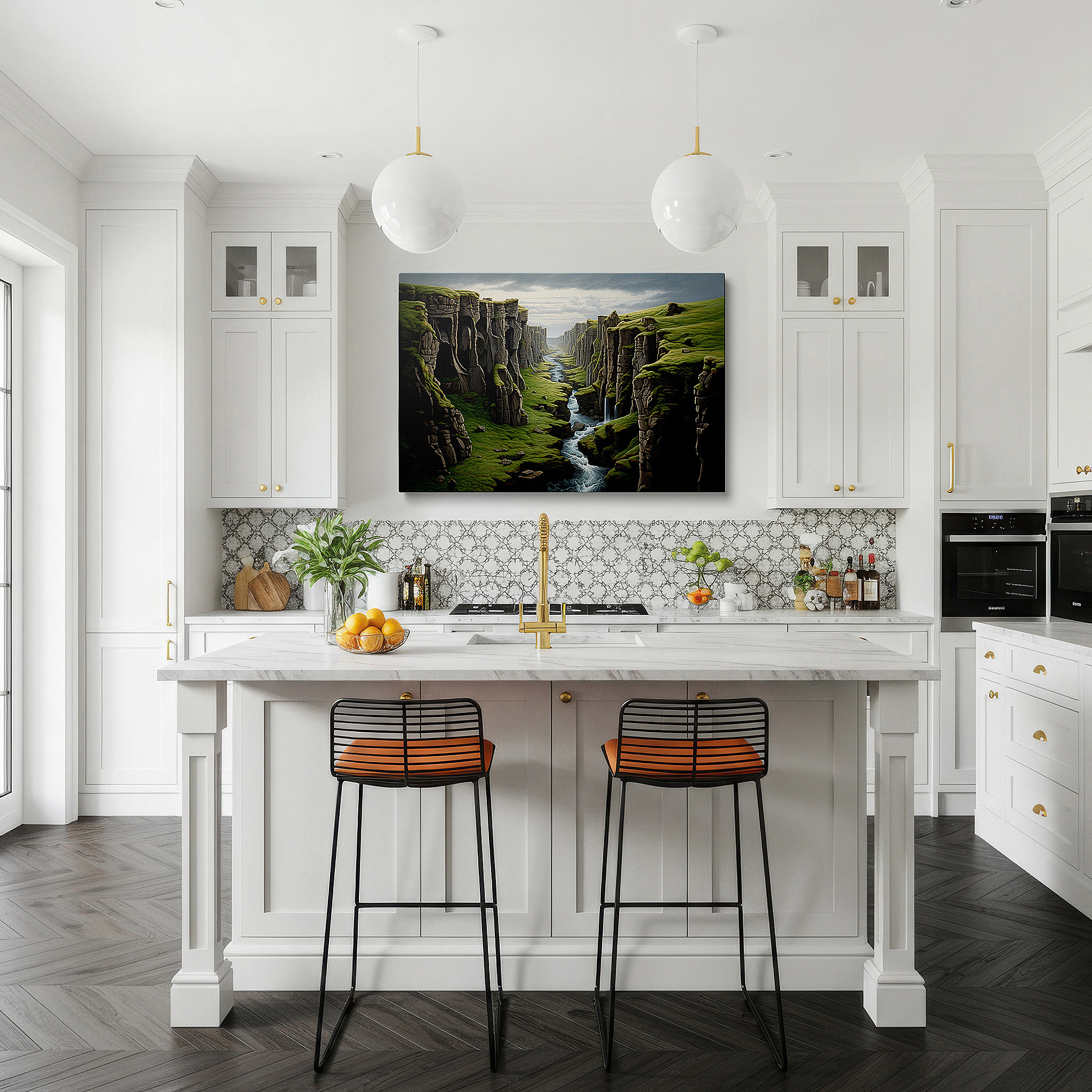 Lighting brings out layered depth in the print’s surface grain — serene river and majestic cliffs in a spacious canyon scene large wall art, canvas wall art, wall decor for office, bedroom wall decor, living room art