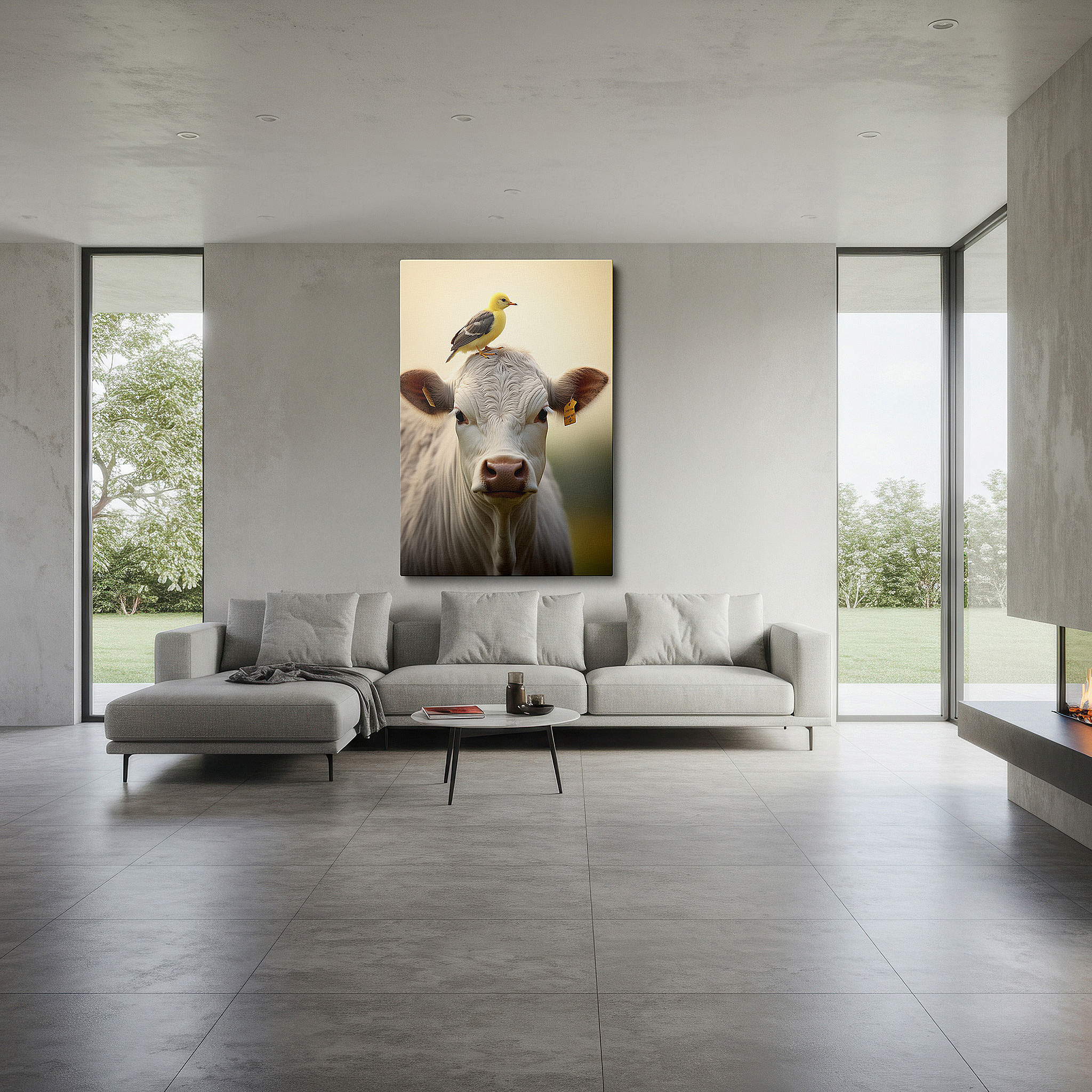 Lighting brings out layered depth in the print’s surface grain — serene rural life wall art featuring a gentle cow and playful yellow duck - large canvas for office, bedroom, or living room decor
