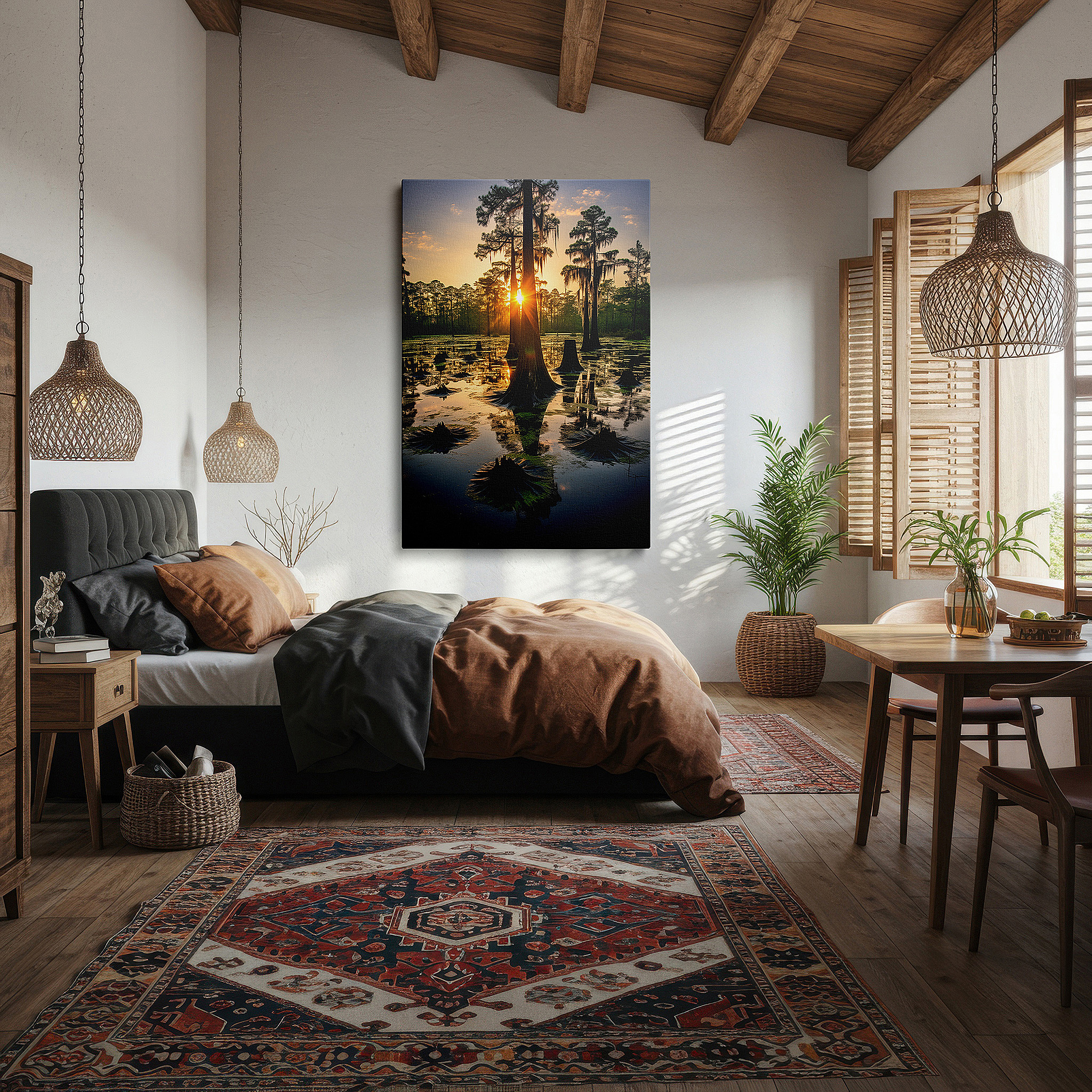 Lighting brings out layered depth in the print’s surface grain — serene sunset over cypress swamp: a tranquil reflection of nature's majesty - large canvas wall art for office and bedroom decor
