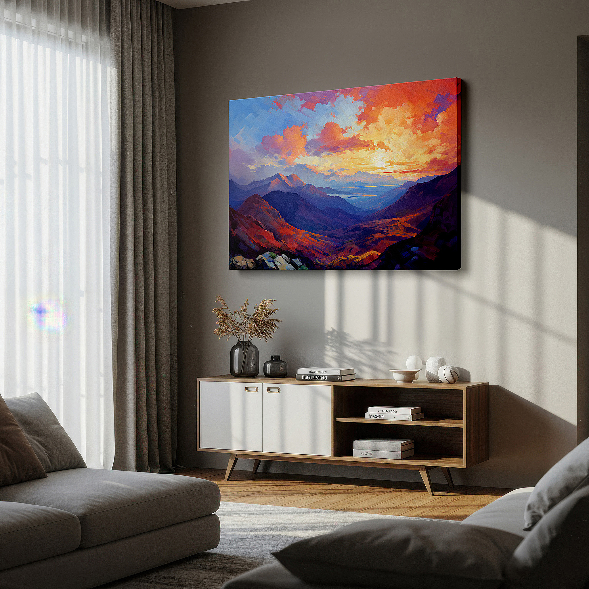 Lighting brings out layered depth in the print’s surface grain — serene valley sunrise: tranquil and dynamic nature scene large canvas wall art for office and bedroom decor