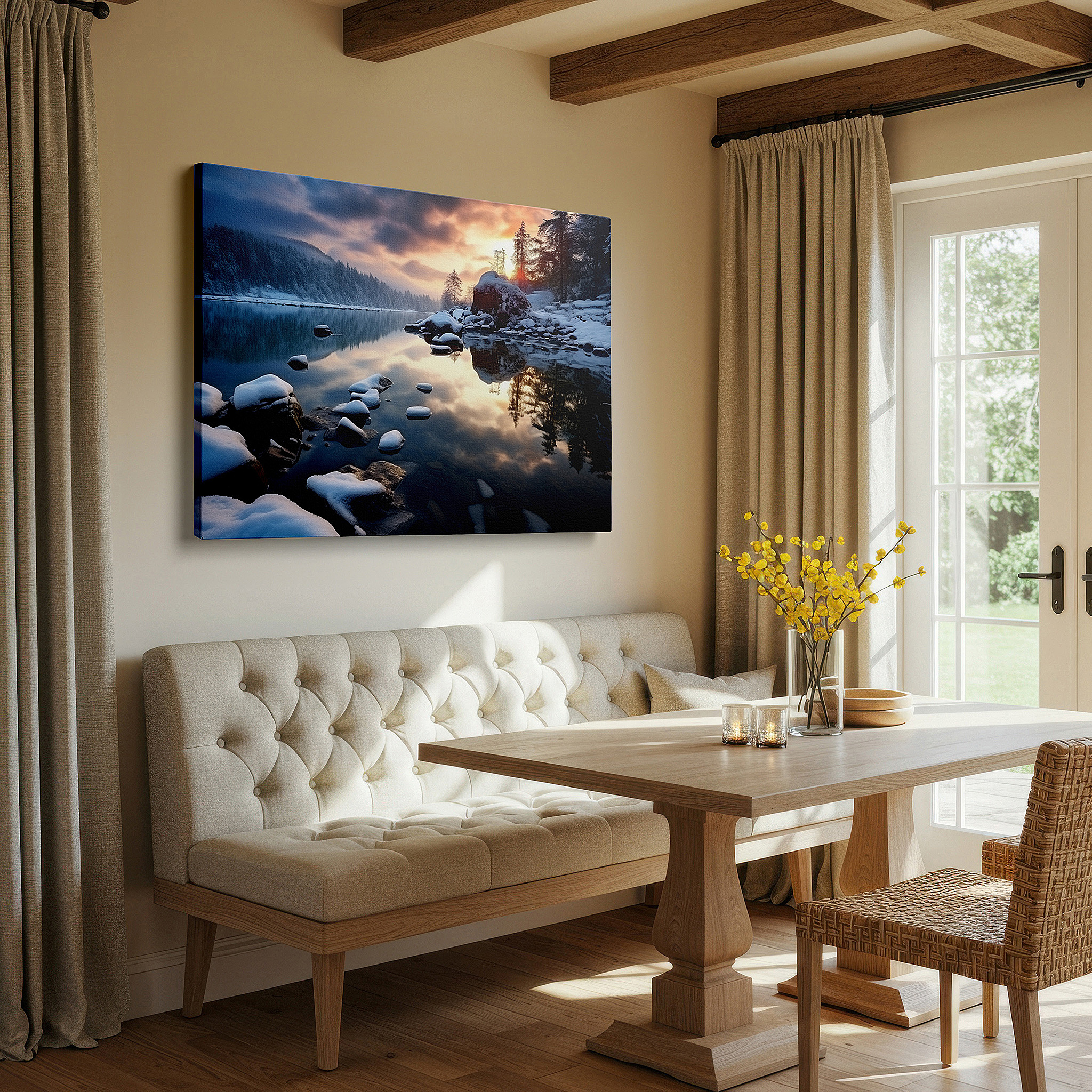 Lighting brings out layered depth in the print’s surface grain — serene winter scene with sunset glow and snow-capped river stones - large canvas wall art for office and bedroom decor