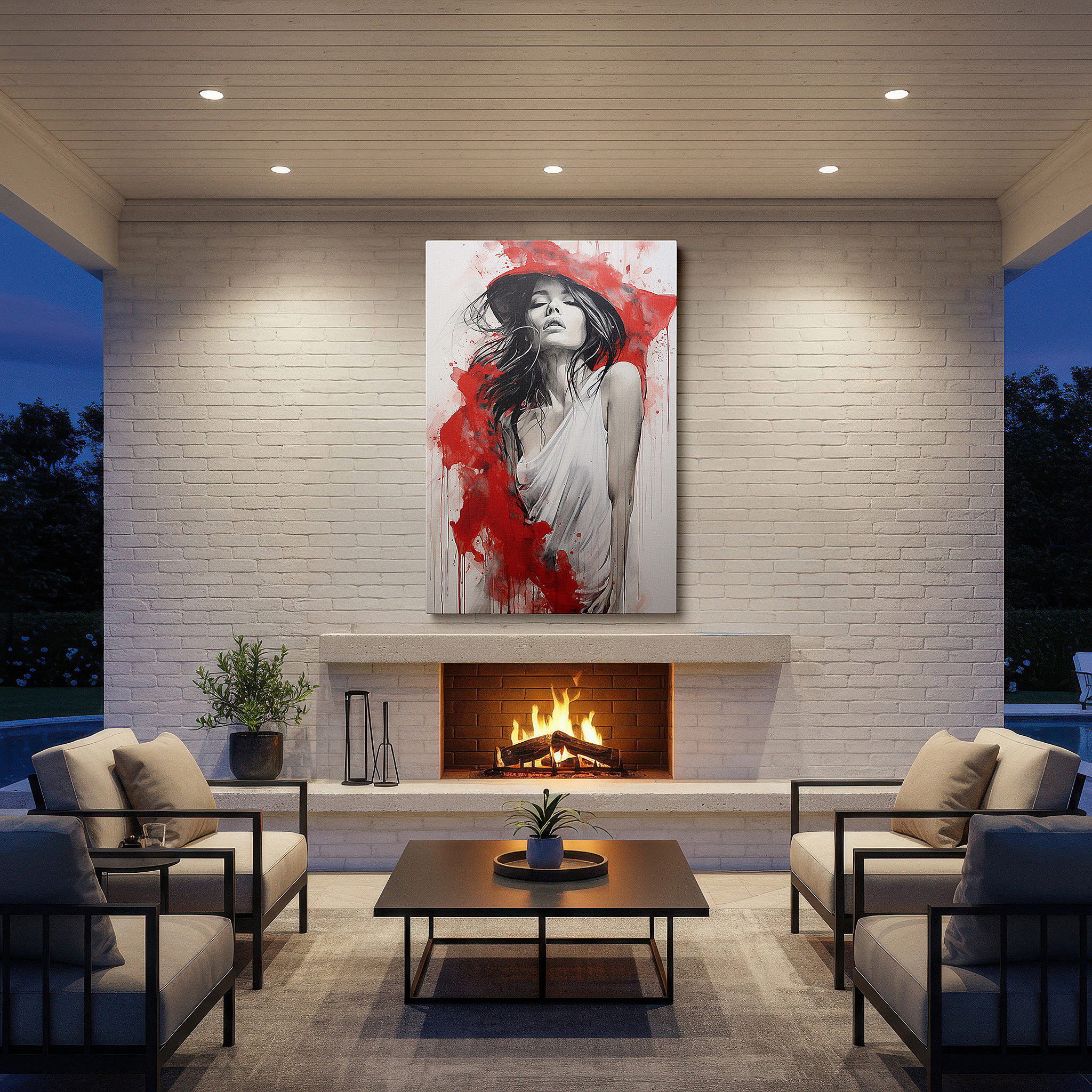 Lighting brings out layered depth in the print’s surface grain — serene woman in white against striking red background, a captivating blend of peace and chaos, large wall art, canvas wall art, wall decor for office