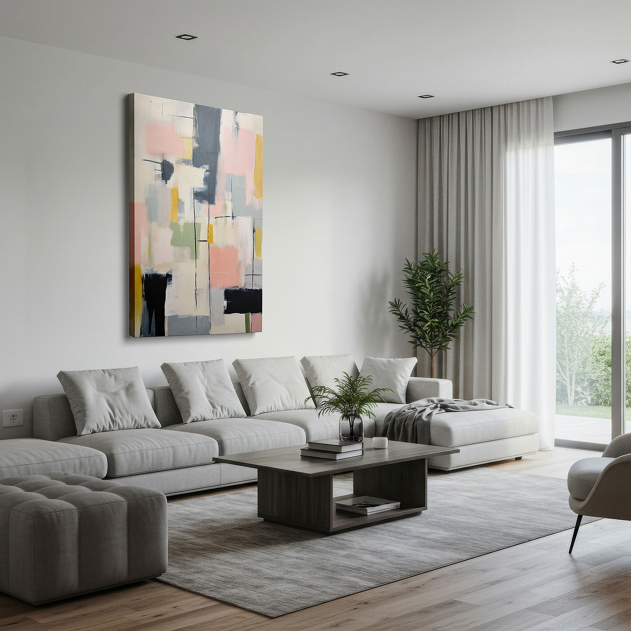 Lighting brings out layered depth in the print’s surface grain — soothing pastel geometric shapes with dynamic accents, large canvas wall art for office and bedroom decor