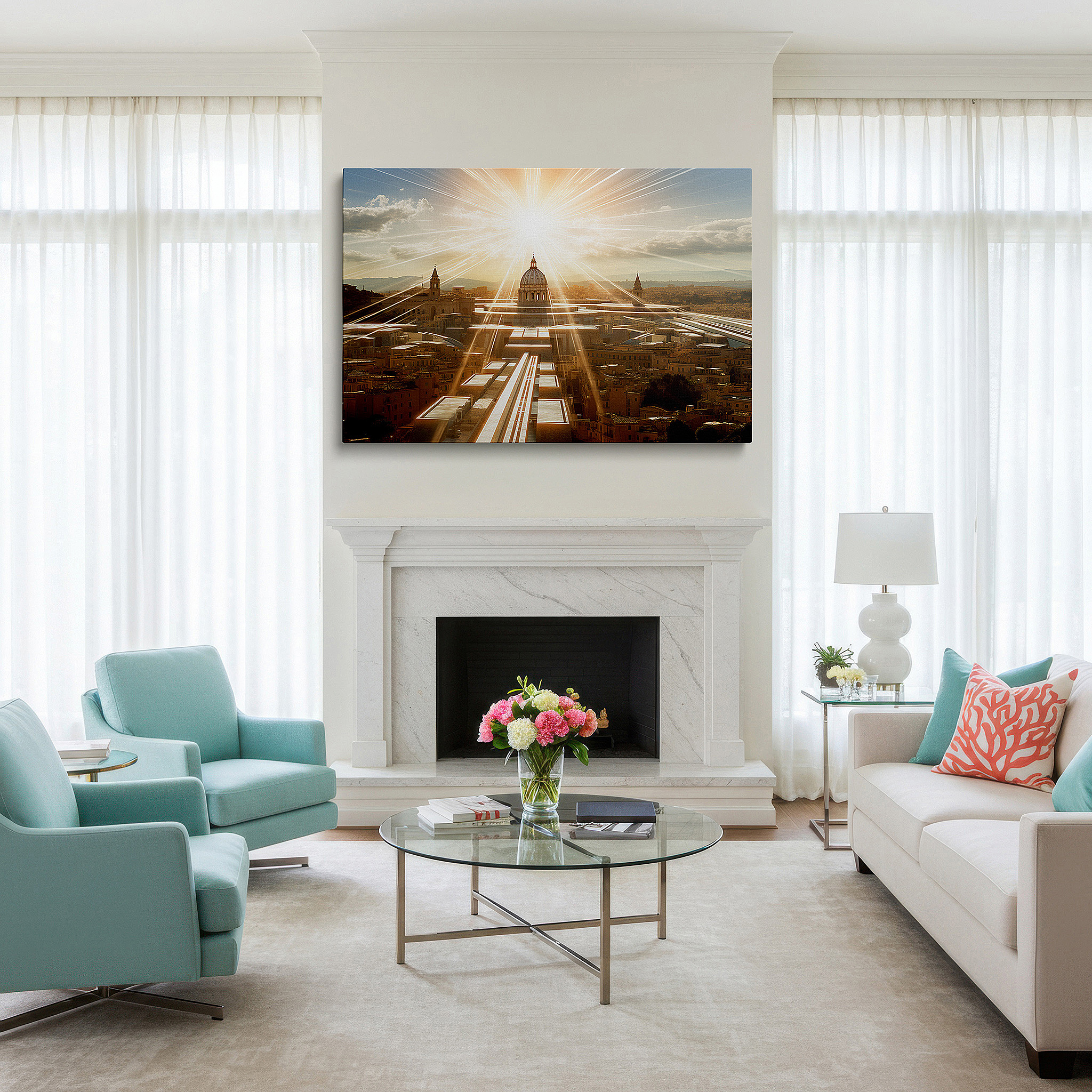 Lighting brings out layered depth in the print’s surface grain — st. peter's basilica sunrise - divine light and architecture large wall art, canvas wall art, wall decor for office and bedroom
