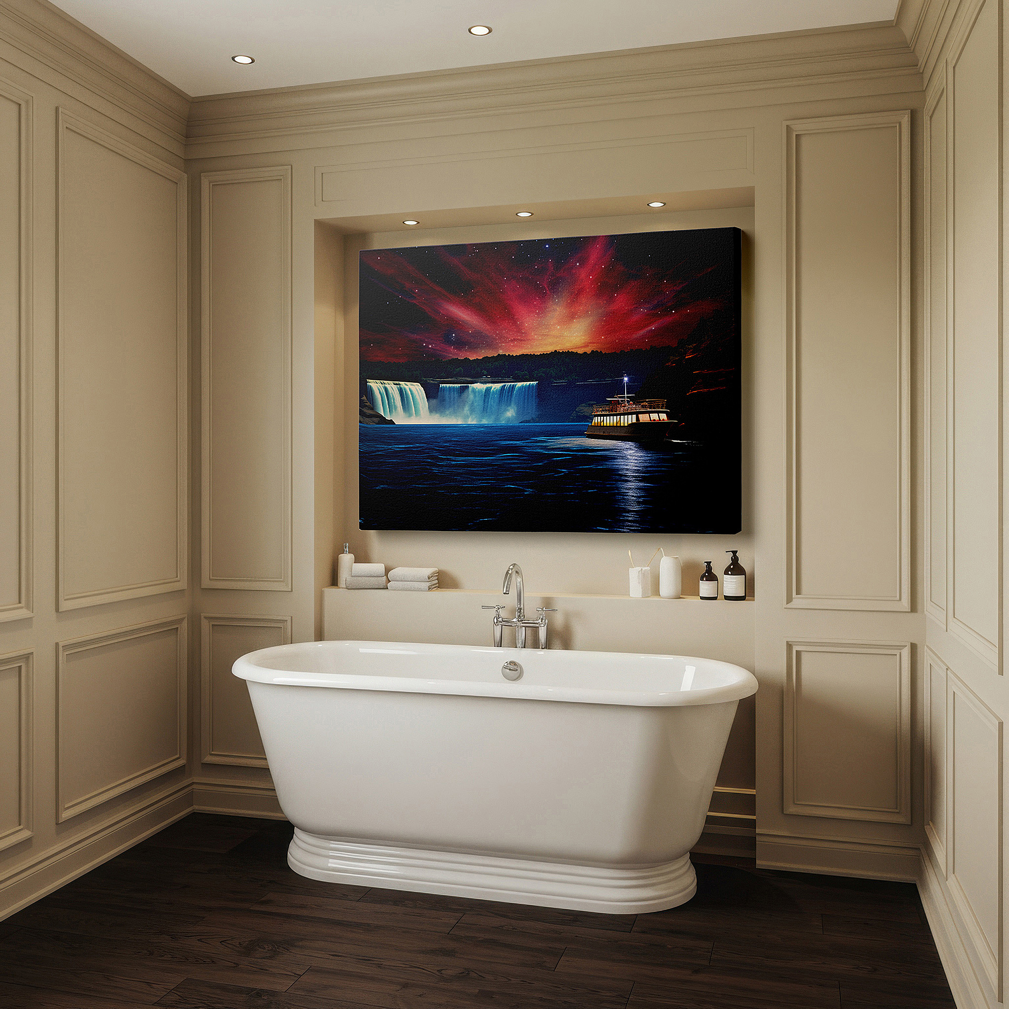 Lighting brings out layered depth in the print’s surface grain — stunning waterfall and northern lights large canvas wall art, surrounded by lush greenery with starry sky reflections, perfect for office decor
