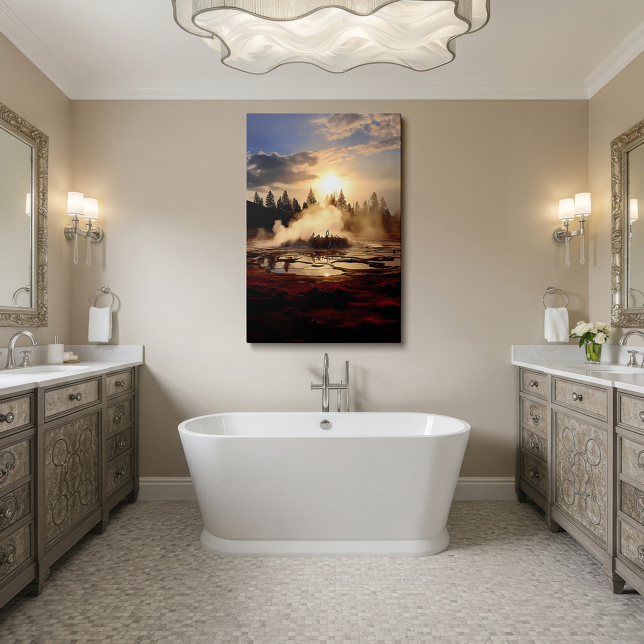 Lighting brings out layered depth in the print’s surface grain — sunset forest geyser eruption, dynamic energy and serene beauty large wall art, canvas wall art, wall decor for office