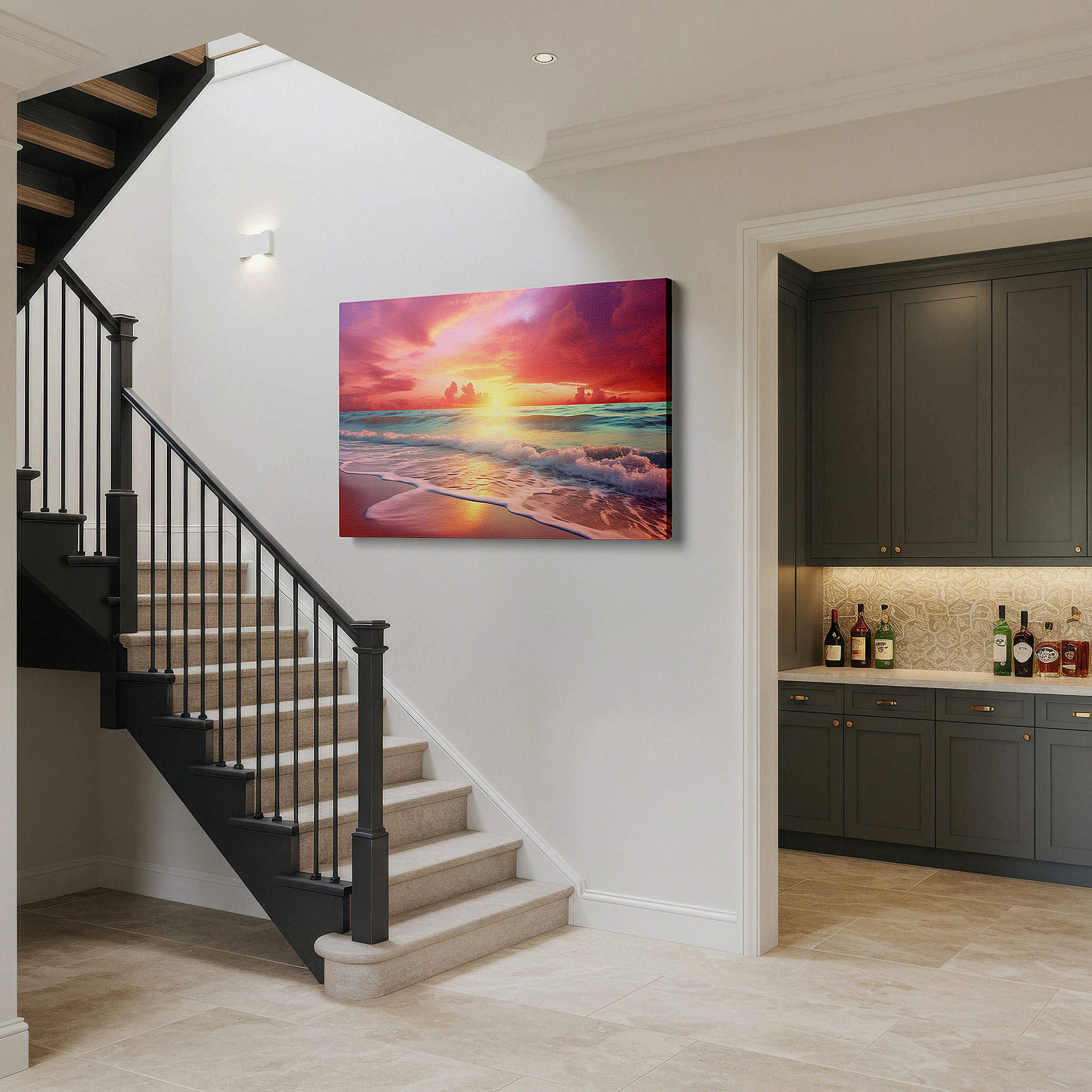 Lighting brings out layered depth in the print’s surface grain — sunset over the ocean wall art: large canvas for home and office decor, ideal for living rooms and bedrooms