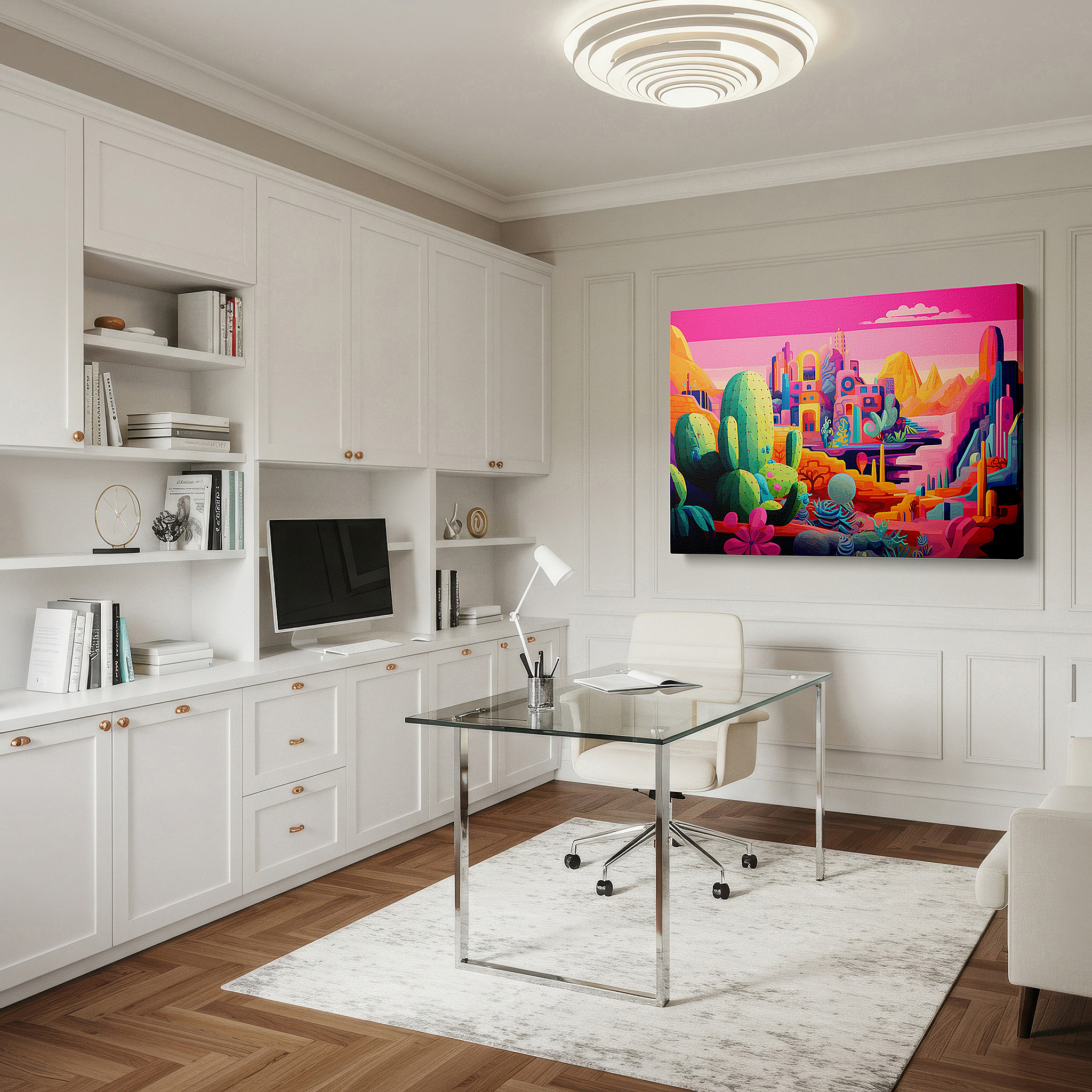 Lighting brings out layered depth in the print’s surface grain — towering cacti and fiery skies in the vast desert landscape: large canvas wall art for office and bedroom decor