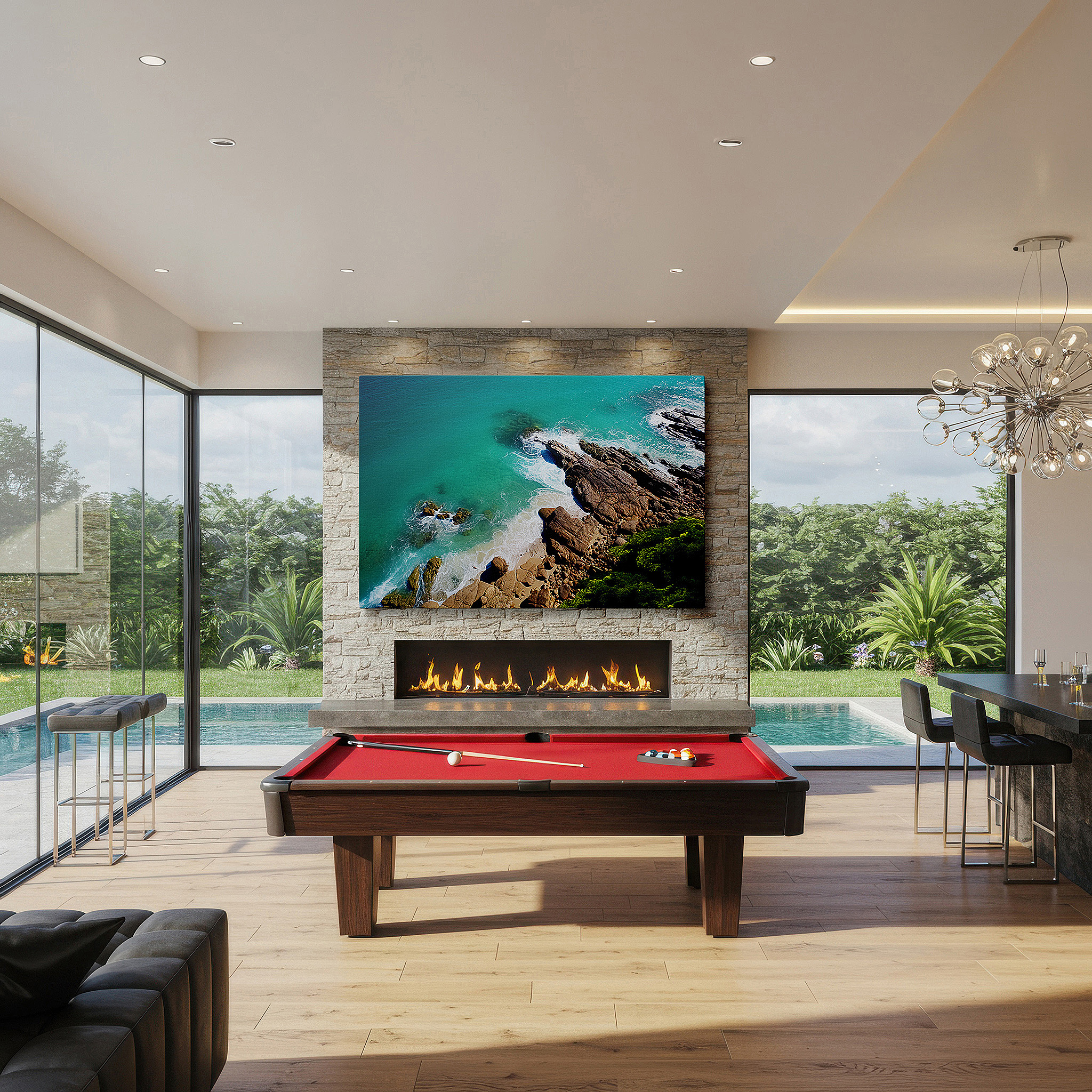 Lighting brings out layered depth in the print’s surface grain — tranquil nature's symphony: turquoise waters and rocky shores large wall art, canvas decor for office, bedroom, and living spaces