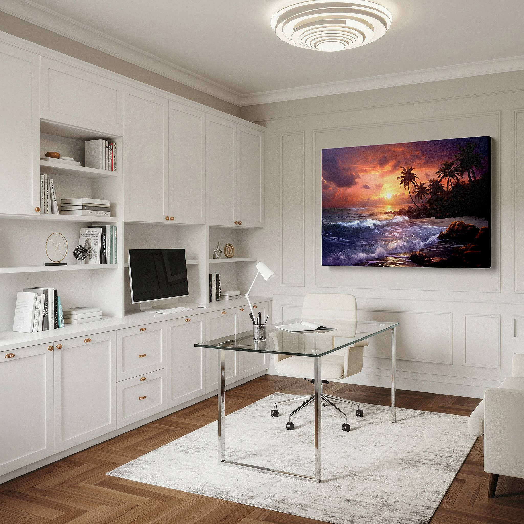 Lighting brings out layered depth in the print’s surface grain — tropical beach sunset serenity large wall art featuring vibrant oranges and calming purples, perfect for office or bedroom decor