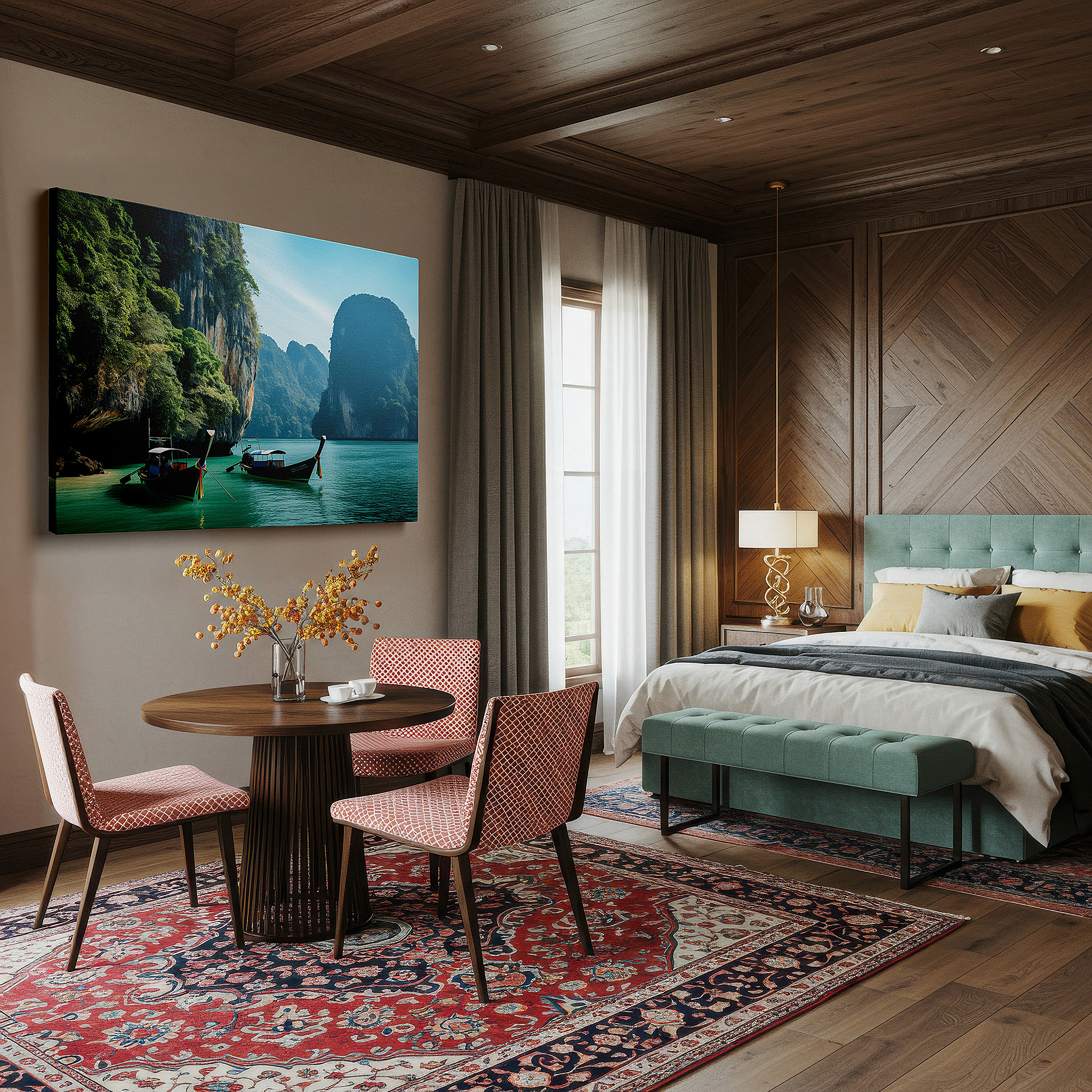 Lighting brings out layered depth in the print’s surface grain — tropical paradise scene with boats on turquoise waters and green hills large wall art, canvas wall art, wall decor for office