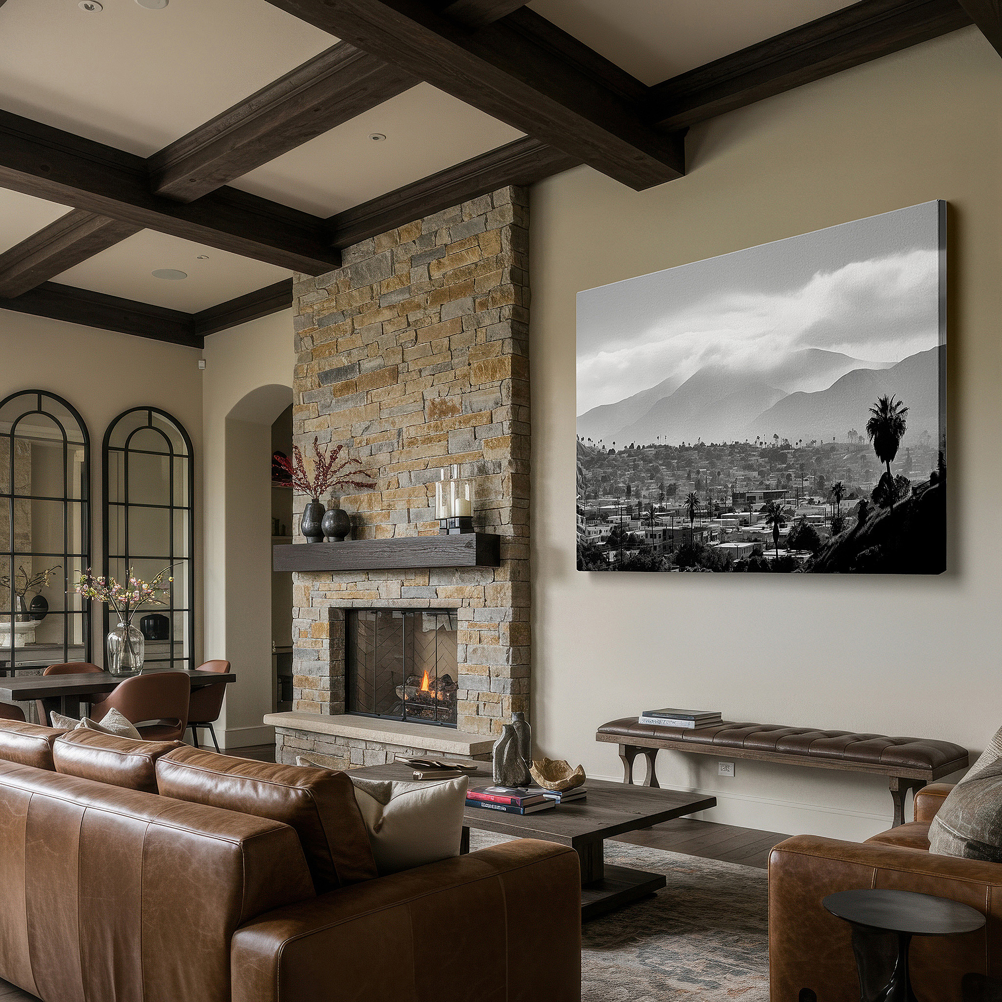 Lighting brings out layered depth in the print’s surface grain — urban serenity and majestic mountains combine in a monochromatic masterpiece: large wall art, canvas wall art, wall decor for offices and bedrooms