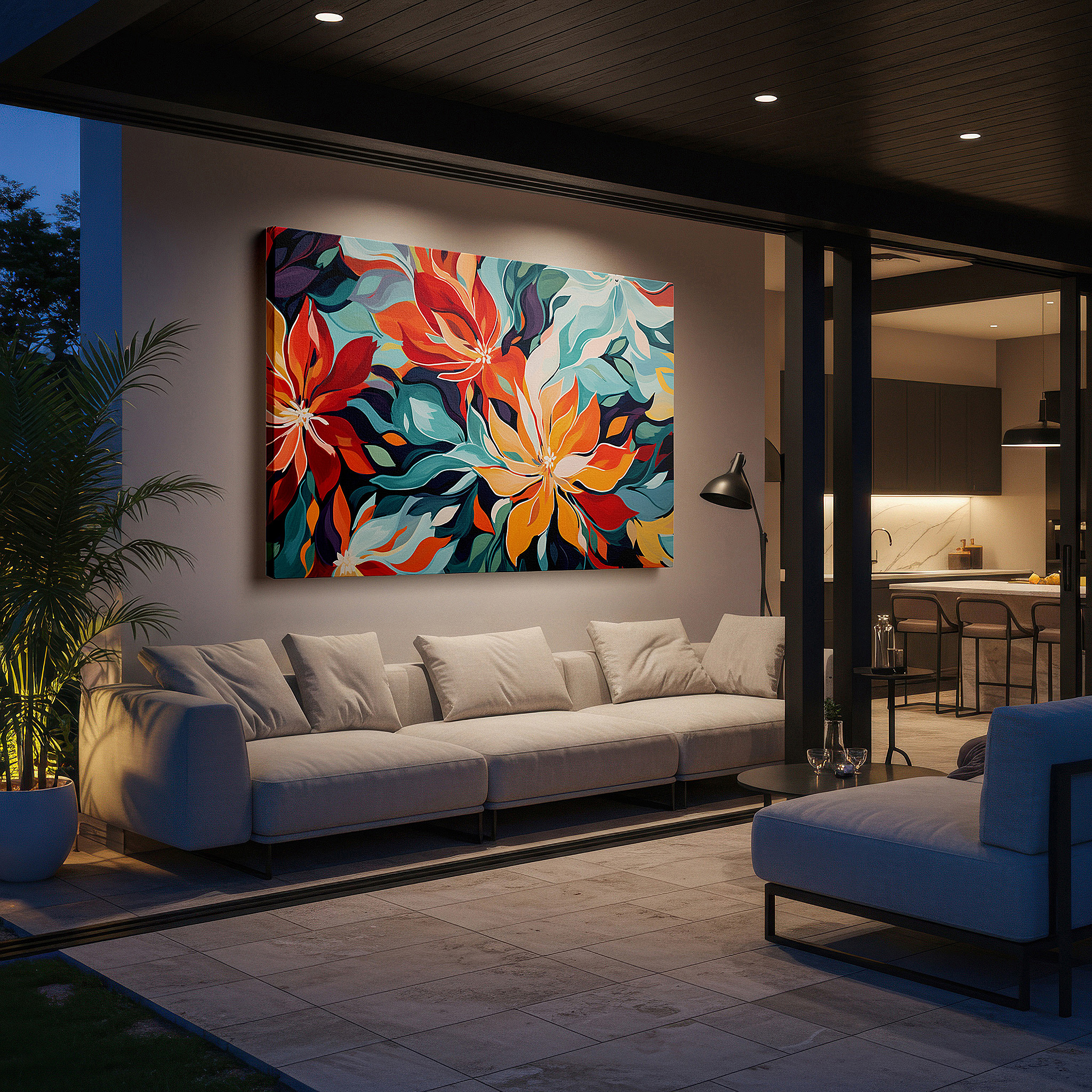Lighting brings out layered depth in the print’s surface grain — vibrant floral symphony wall art in red, orange, and teal - large canvas for office, bedroom, and living room decor
