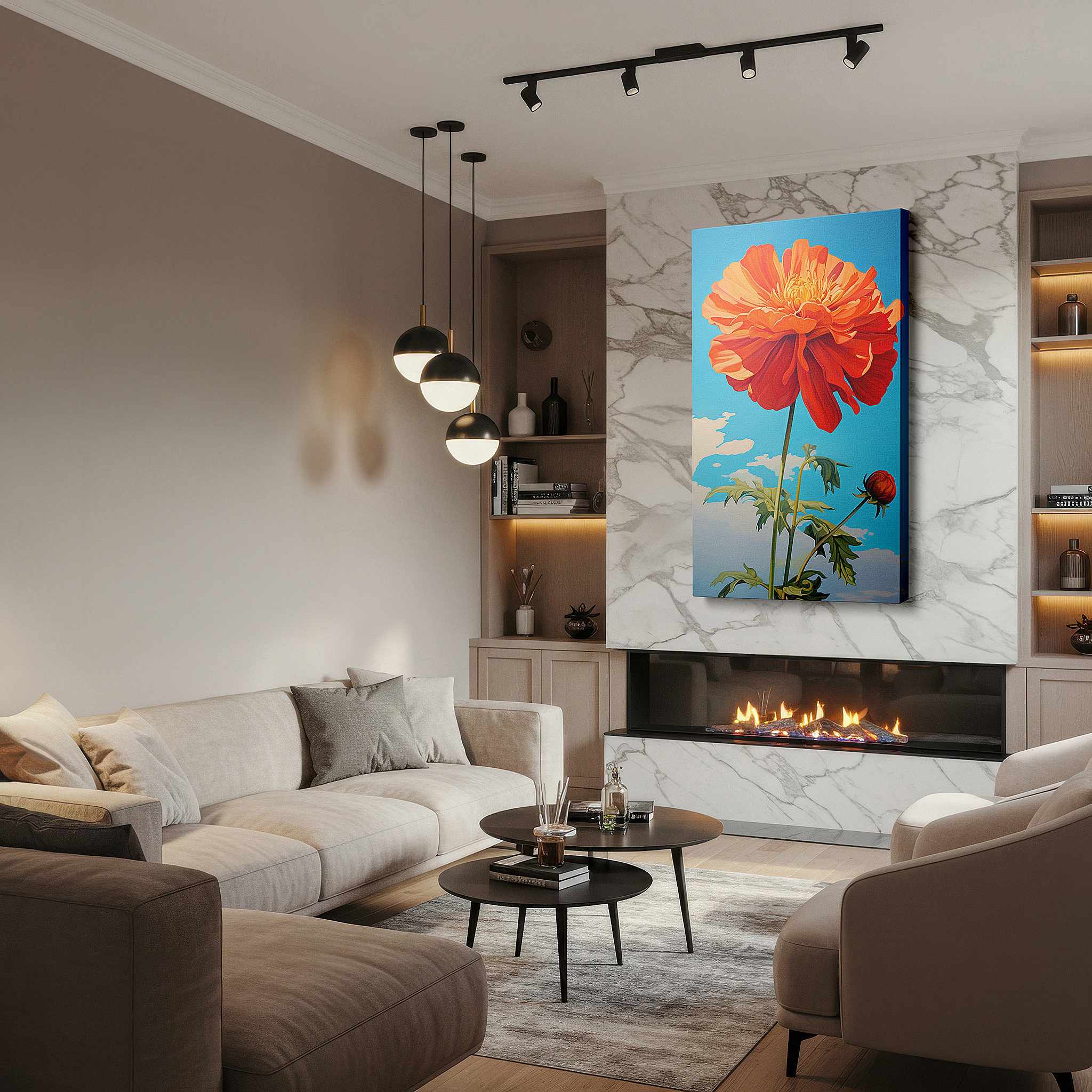 Lighting brings out layered depth in the print’s surface grain — vibrant orange flower against serene blue sky - celebrating nature's dynamic beauty, large canvas wall art for home and office decor