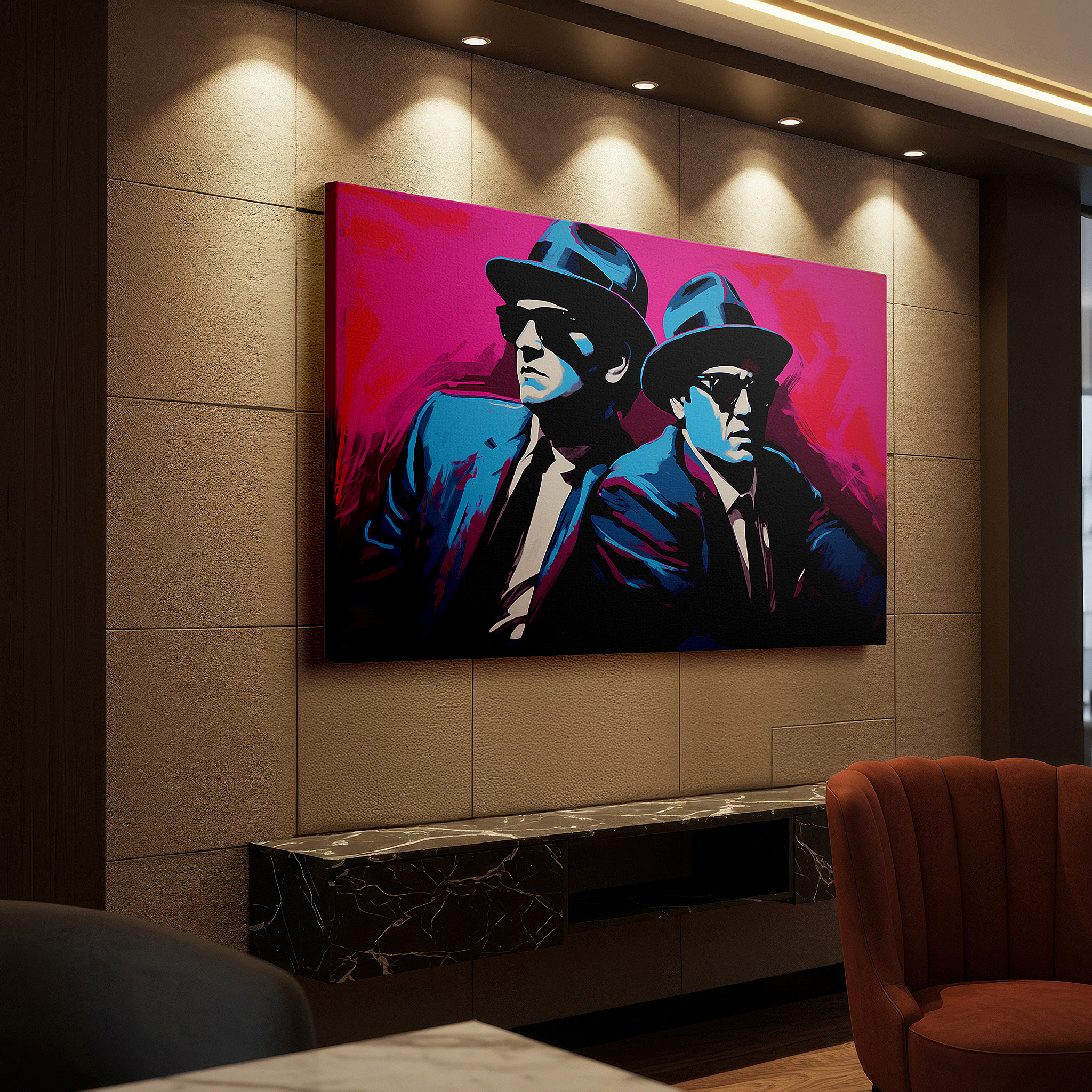Lighting brings out layered depth in the print’s surface grain — vibrant pink and blue iconic duo - modern pop art style large wall art, canvas wall art, wall decor for office and bedroom