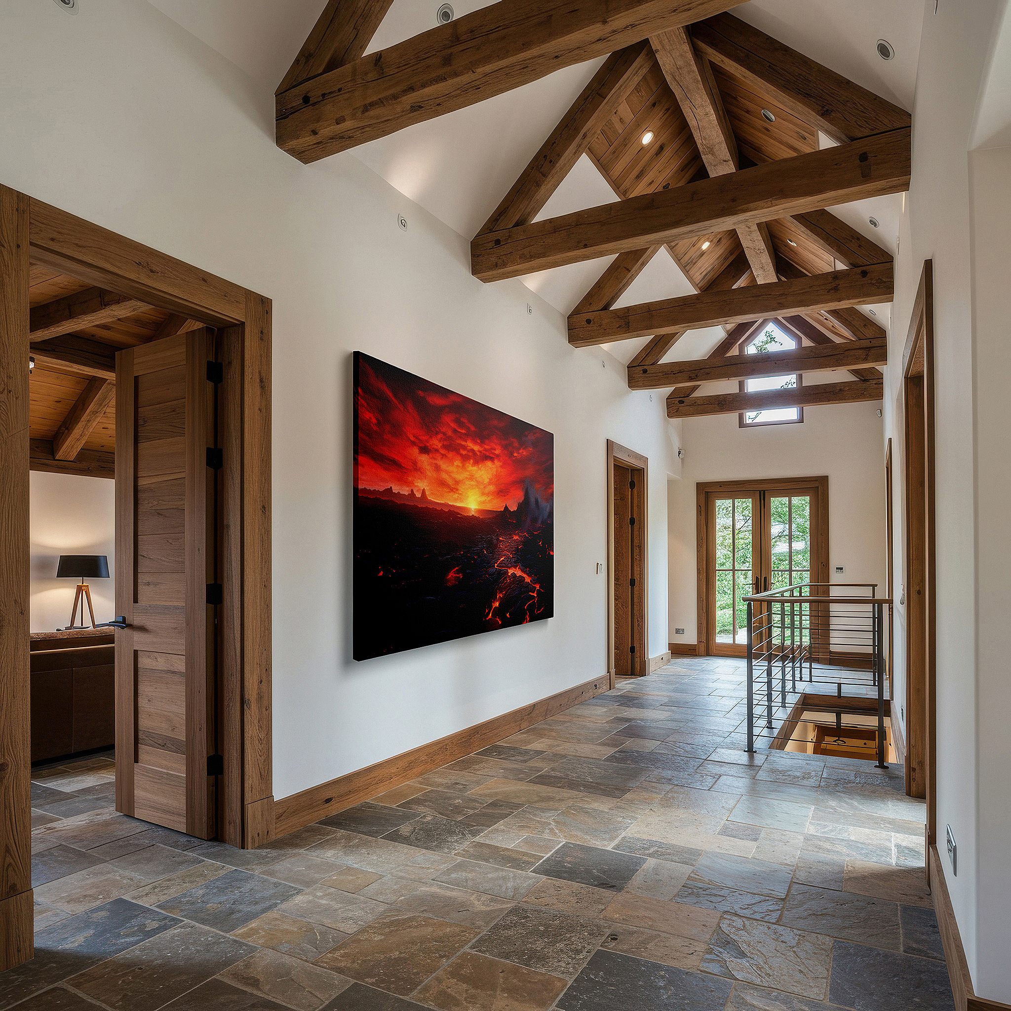 Lighting brings out layered depth in the print’s surface grain — volcanic splendor at twilight: a captivating dance of light and shadow - oversized wall art, canvas art, wall decor, office decor