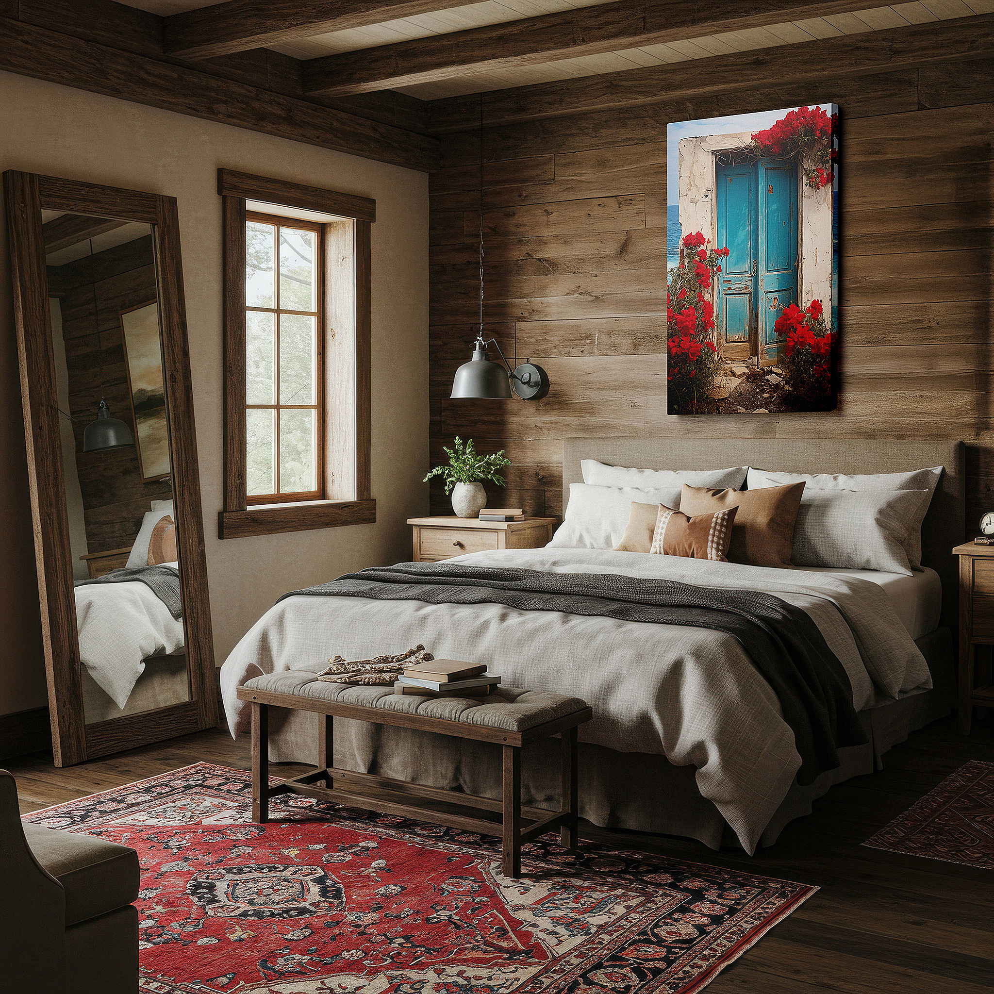 Lighting brings out layered depth in the print’s surface grain — wall art: ancient doorway to serenity - featuring vibrant flowers and a tranquil ocean vista. large canvas wall art for office and bedroom decor.