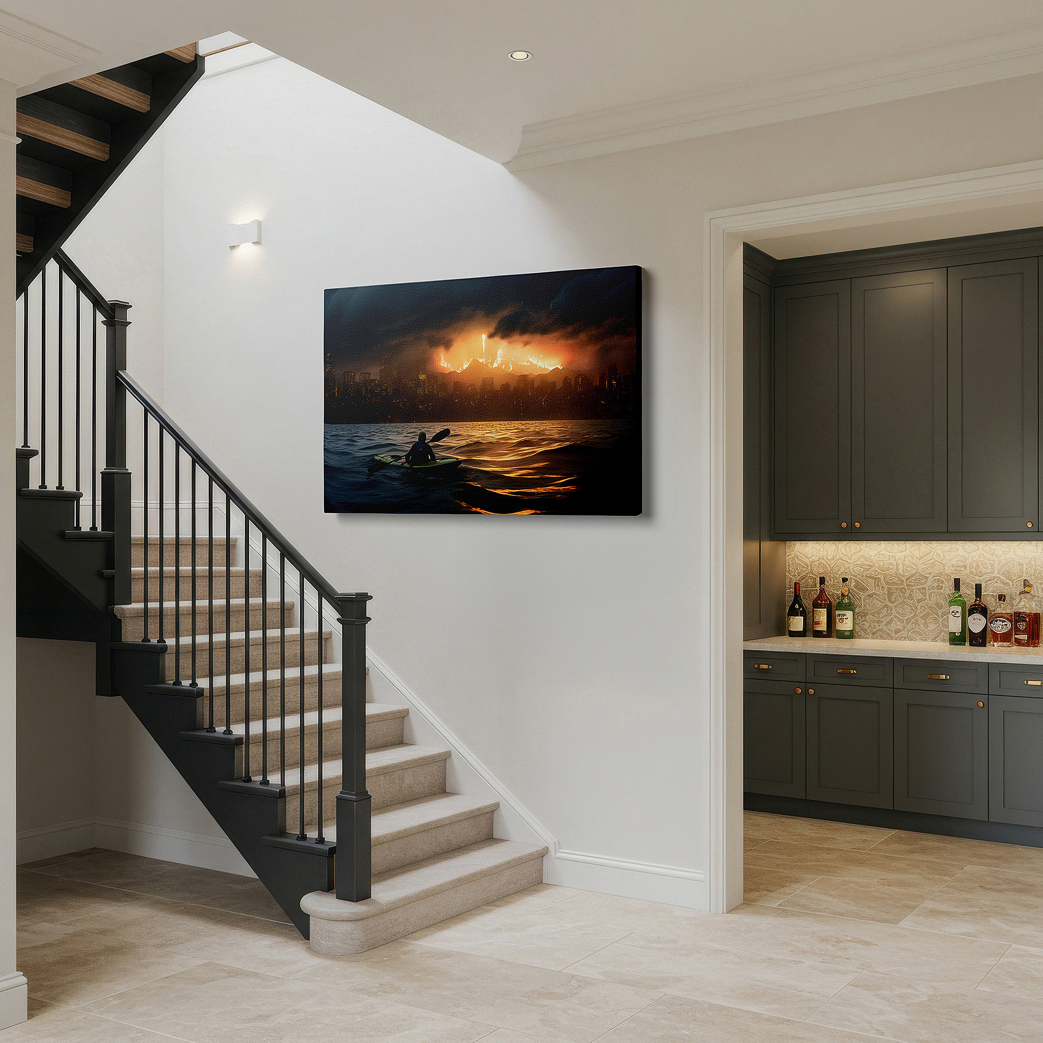 Lighting brings out layered depth in the print’s surface grain — wall art: "kayaker's calm in the storm - city ablaze" - where nature's tranquility clashes with urban chaos, large canvas wall art for home and office decor