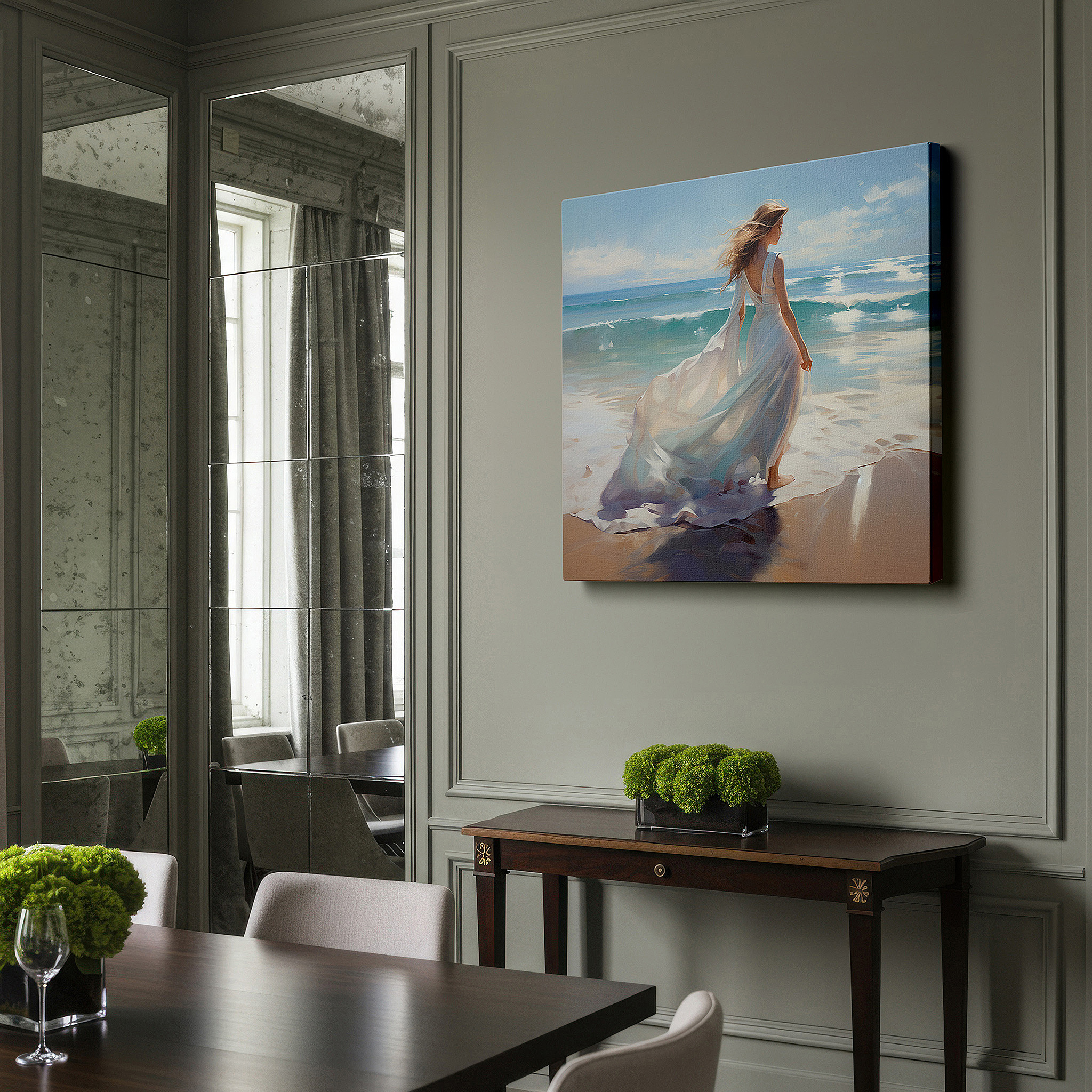 Lighting brings out layered depth in the print’s surface grain — wall art: a solitary figure in white on a sunlit shoreline - experience tranquility and connection with nature. ideal for home or office decor, available as large canvas wall art.