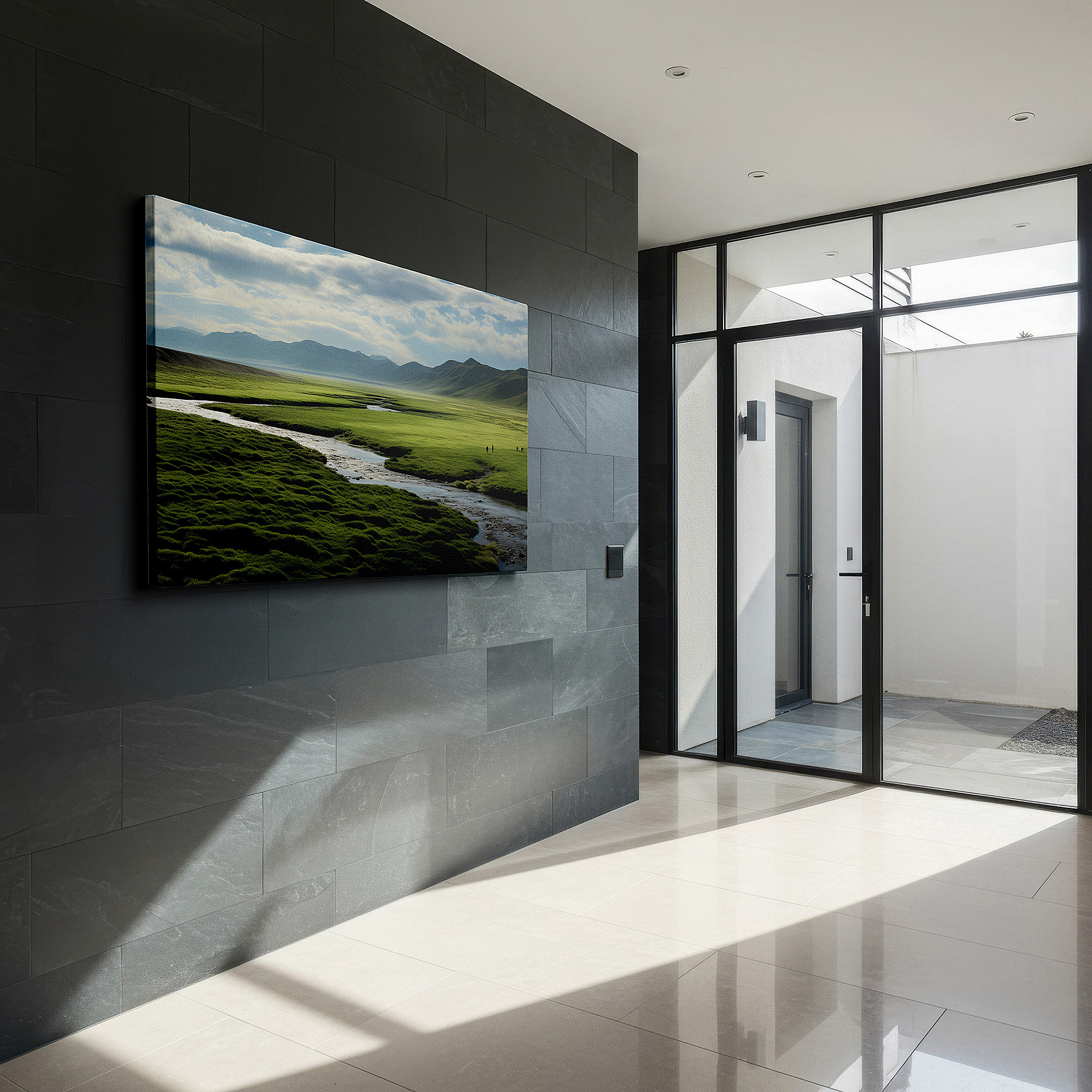 Lighting brings out layered depth in the print’s surface grain — wall art: tranquil landscape featuring verdant fields, winding river, and expansive sky - large canvas art for home and office decor, perfect for living room and bedroom