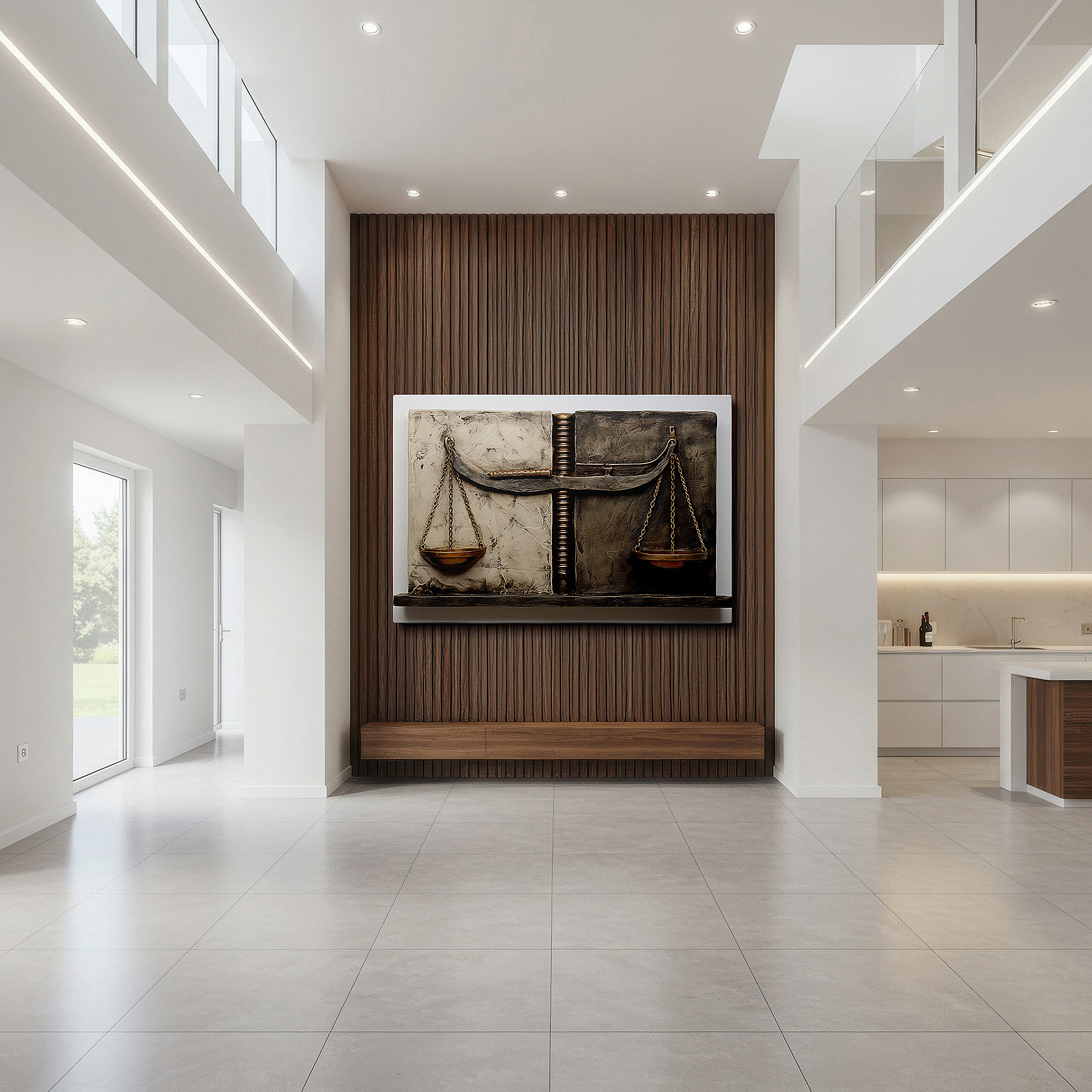 Lighting brings out layered depth in the print’s surface grain — wall decor: abstract scales of justice in neutral shades, symbolizing balance and fairness - large canvas art for office walls