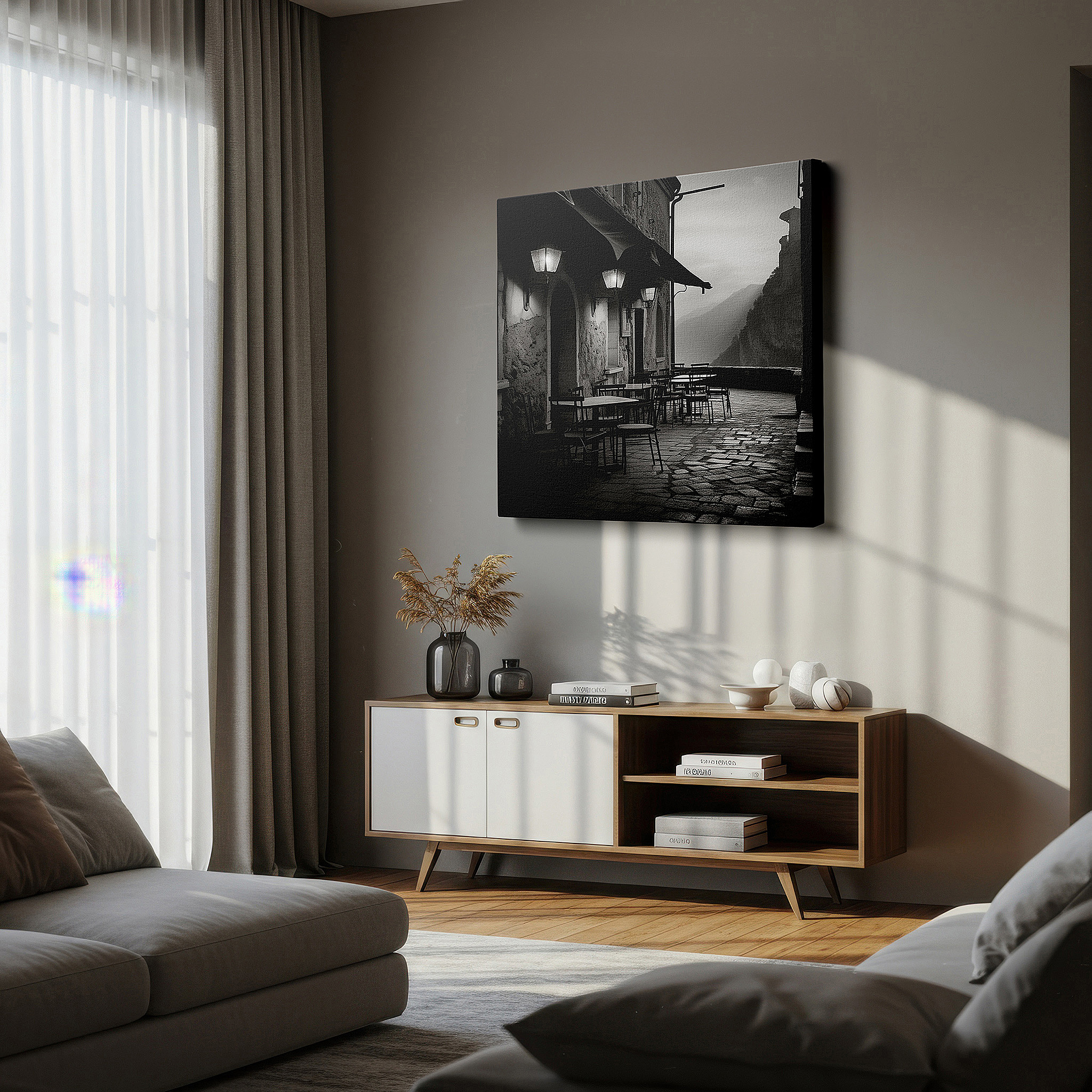 Lighting brings out layered depth in the print’s surface grain — wall decor: peaceful cobblestone alley adorned with lanterns - timeless black-and-white photo for calm environments, large canvas art, office wall decor