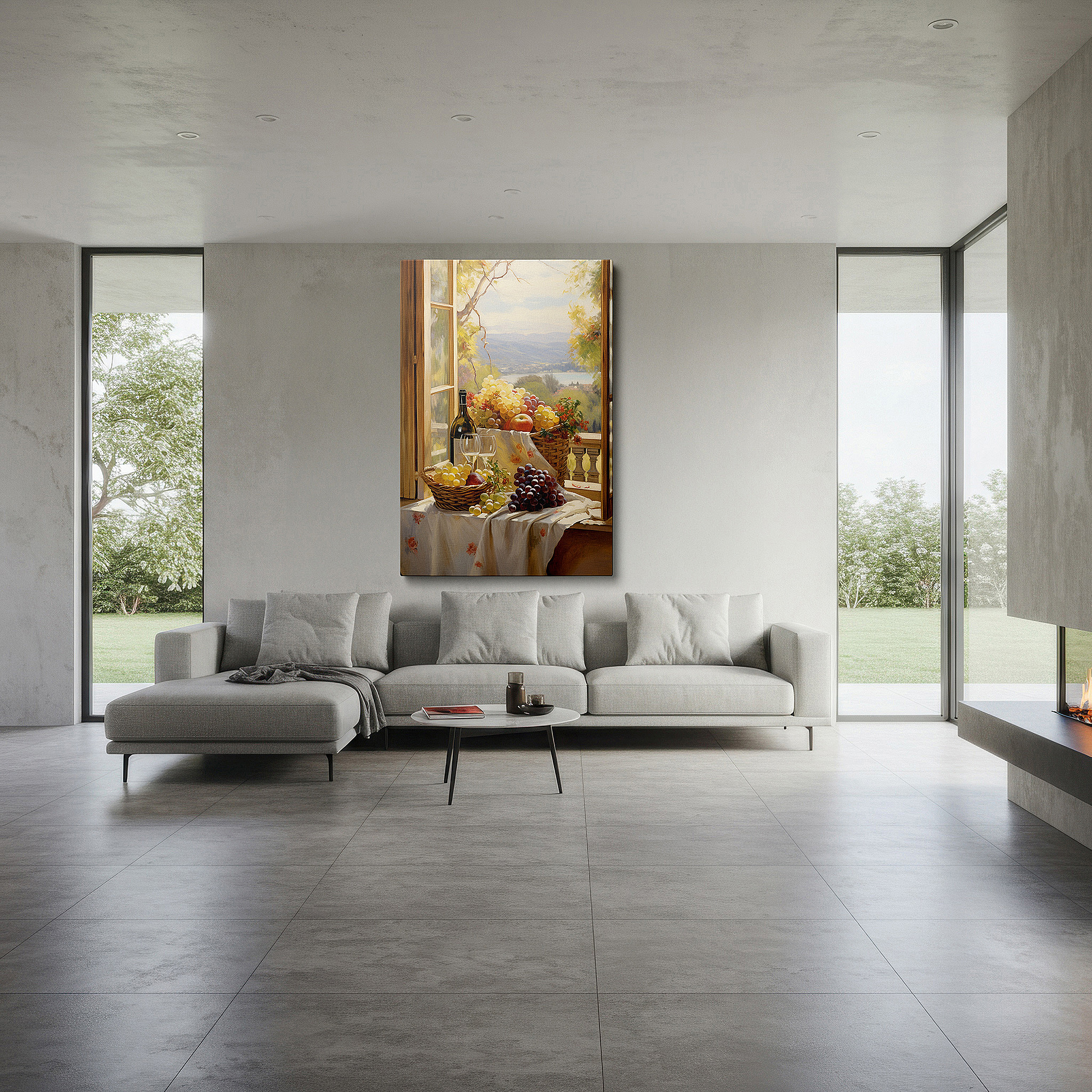 Lighting brings out layered depth in the print’s surface grain — wall decor: sunlit serenity and rustic charm - a window to nature's tranquil beauty and bountiful harvest. large canvas wall art for home and office decor.