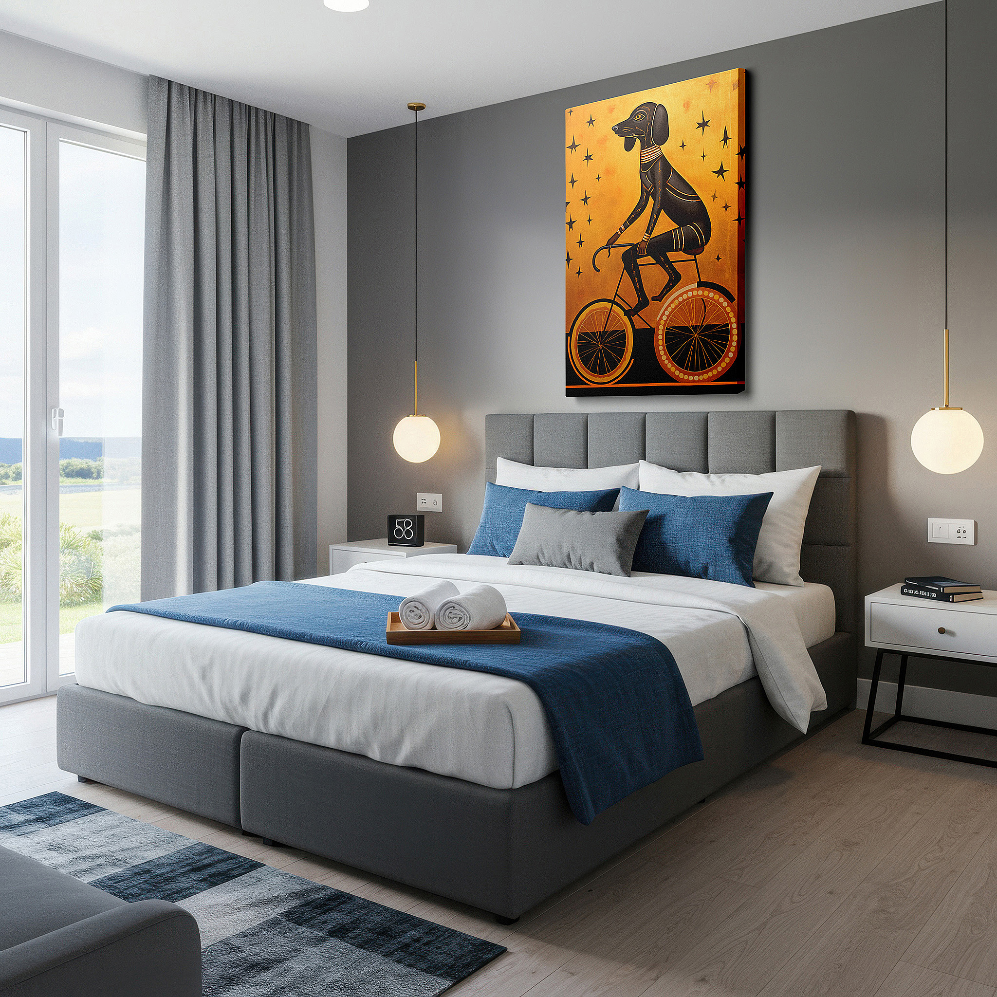Lighting brings out layered depth in the print’s surface grain — whimsical black dog on a bicycle canvas art - large wall decor for office, bedroom, and living spaces, featuring a golden starry sky