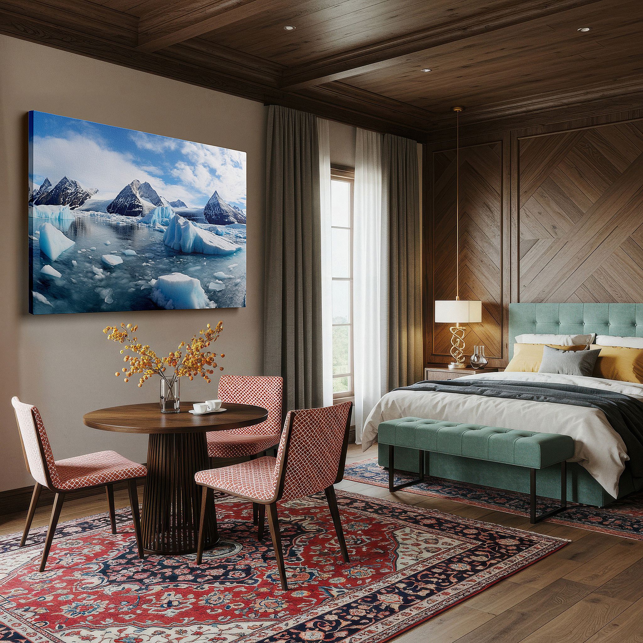 Lighting brings out layered depth in the print’s surface grain — winter dawn over snow-capped mountains and reflective lake large canvas wall art for office, bedroom, and living room decor