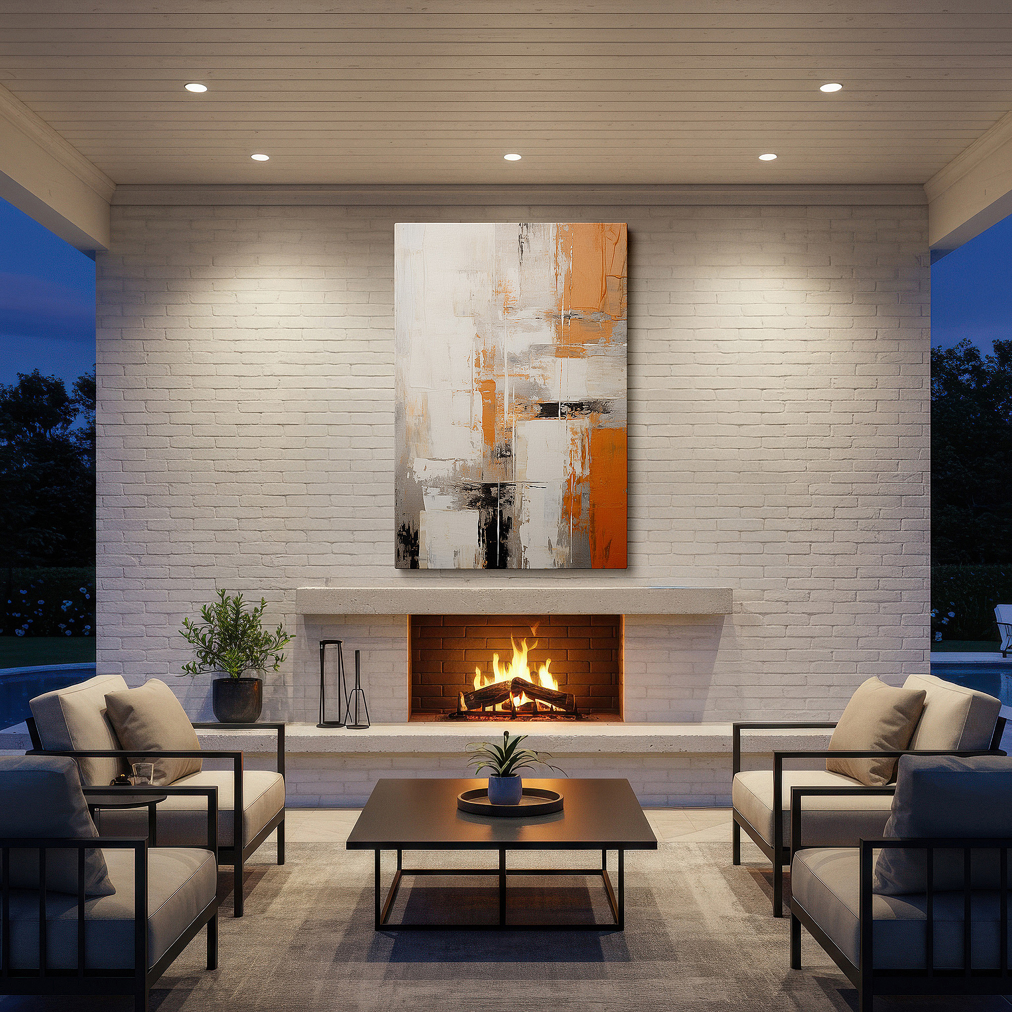Mounted in a loft-style interior with exposed brick walls — abstract expressionism large wall art featuring a symphony of white, orange, black, and silver, canvas wall art, wall art decor, office wall art