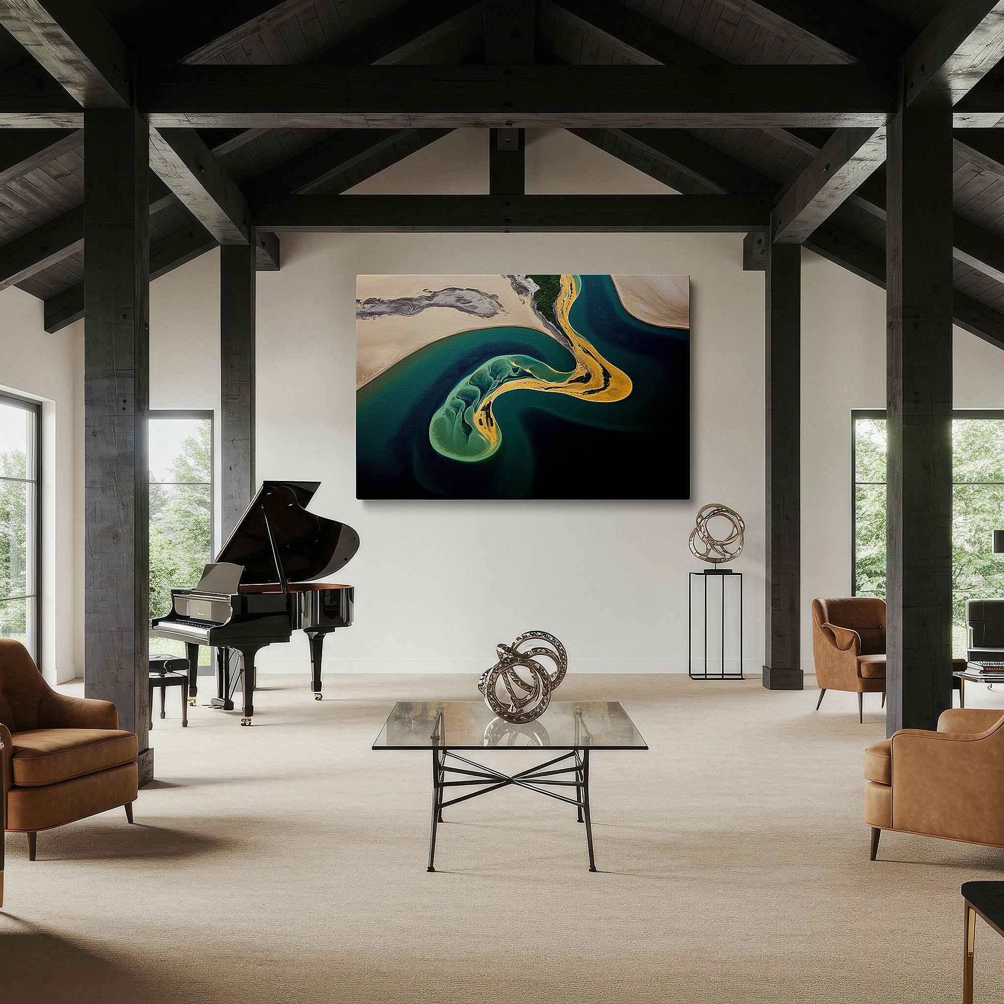 Mounted in a loft-style interior with exposed brick walls — aerial island oasis surrounded by bright blue river large wall art, canvas wall decor, office wall decor, bedroom wall decor, living room wall art