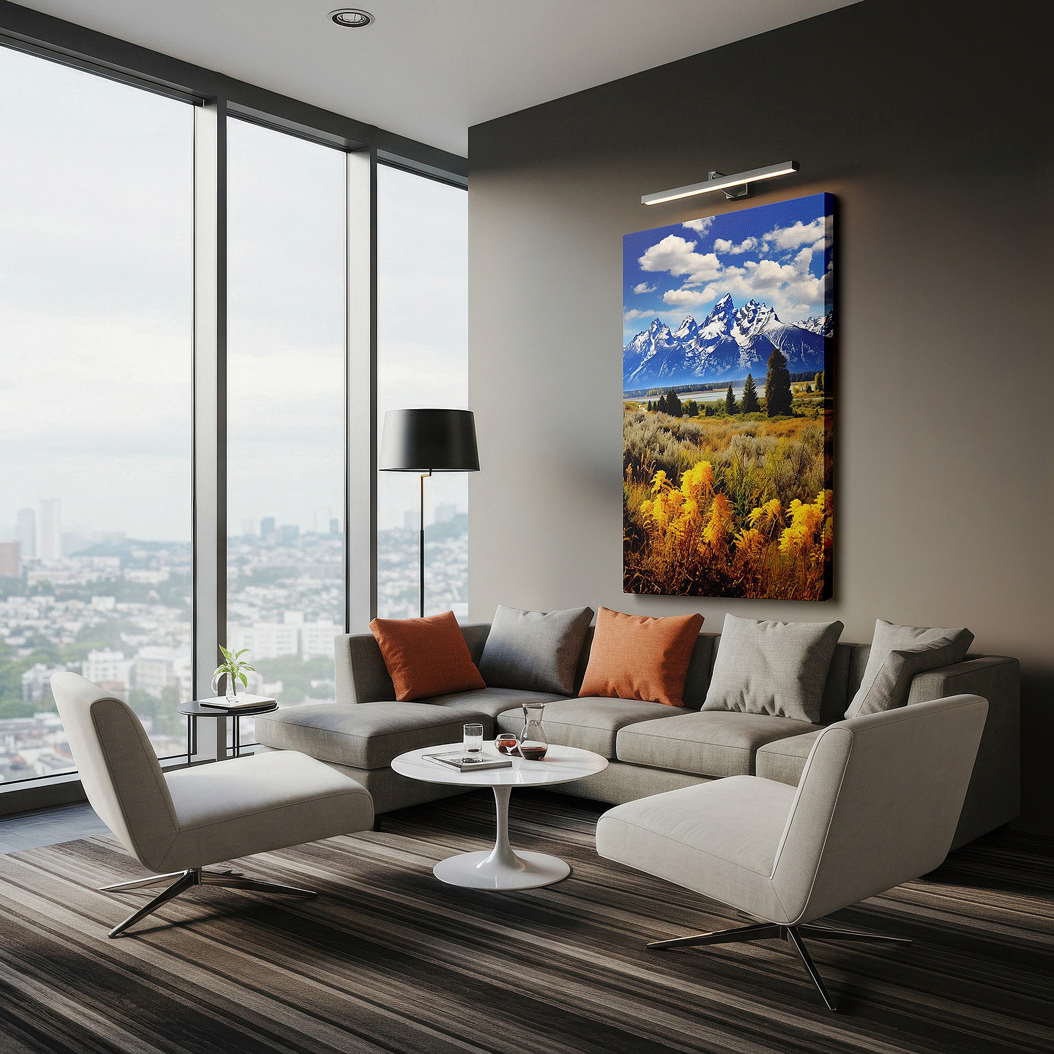Mounted in a loft-style interior with exposed brick walls — autumn symphony: majestic tetons and reflective waters - serene mountain grandeur large wall art, canvas wall art, wall decor for office