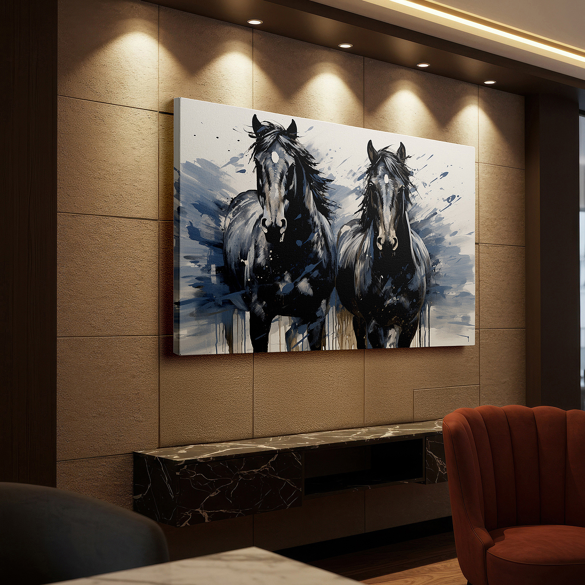 Mounted in a loft-style interior with exposed brick walls — black horses in motion: celebrating power and grace - large canvas wall art for office and bedroom decor