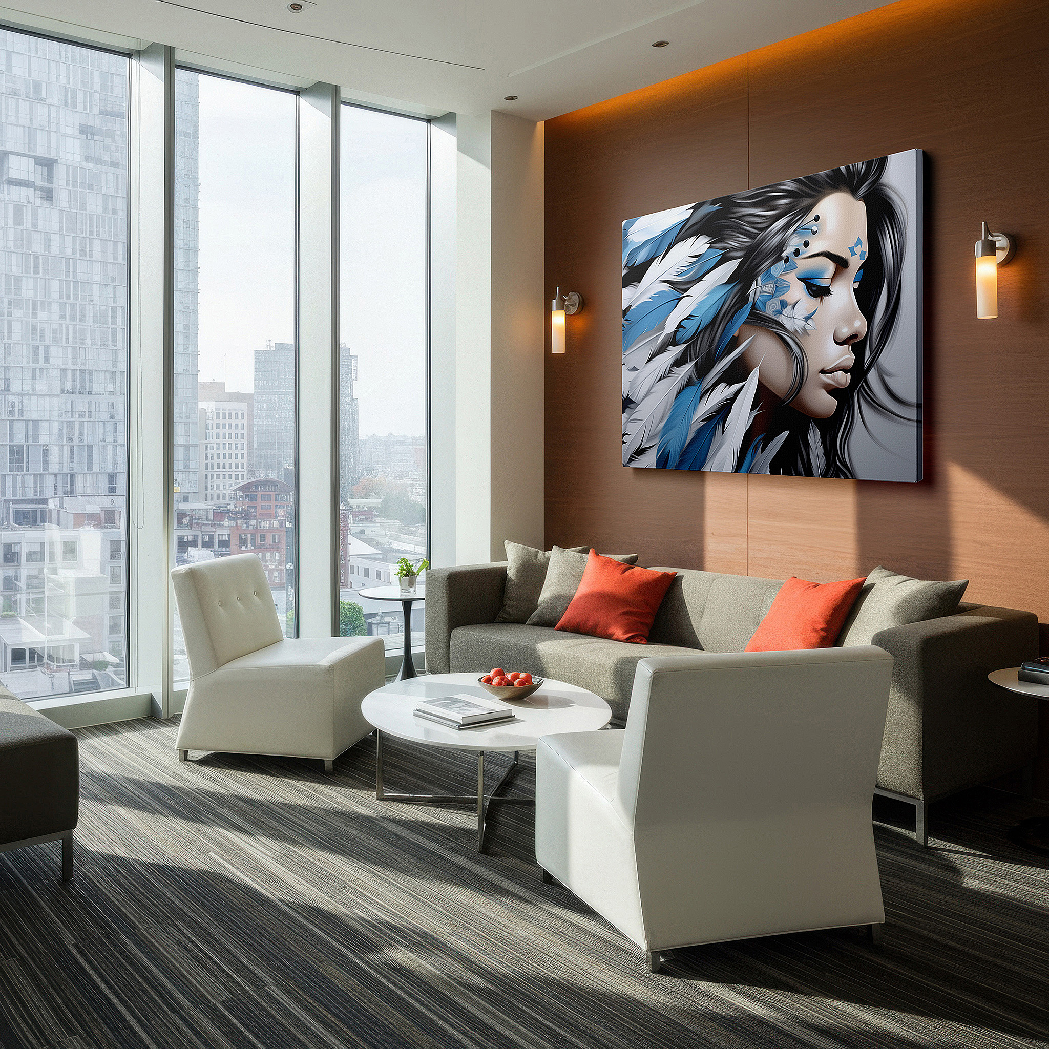 Mounted in a loft-style interior with exposed brick walls — blue and white serene elegance feathered headdress large canvas wall art for office, bedroom, and living room decor