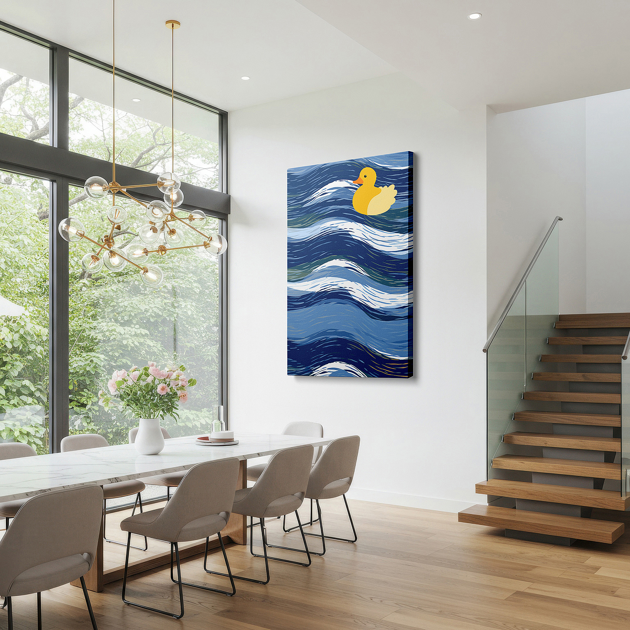 Mounted in a loft-style interior with exposed brick walls — bright yellow duck sailing on calm blue waters, representing happiness and optimism, large wall art, canvas wall art, wall decor, office wall art
